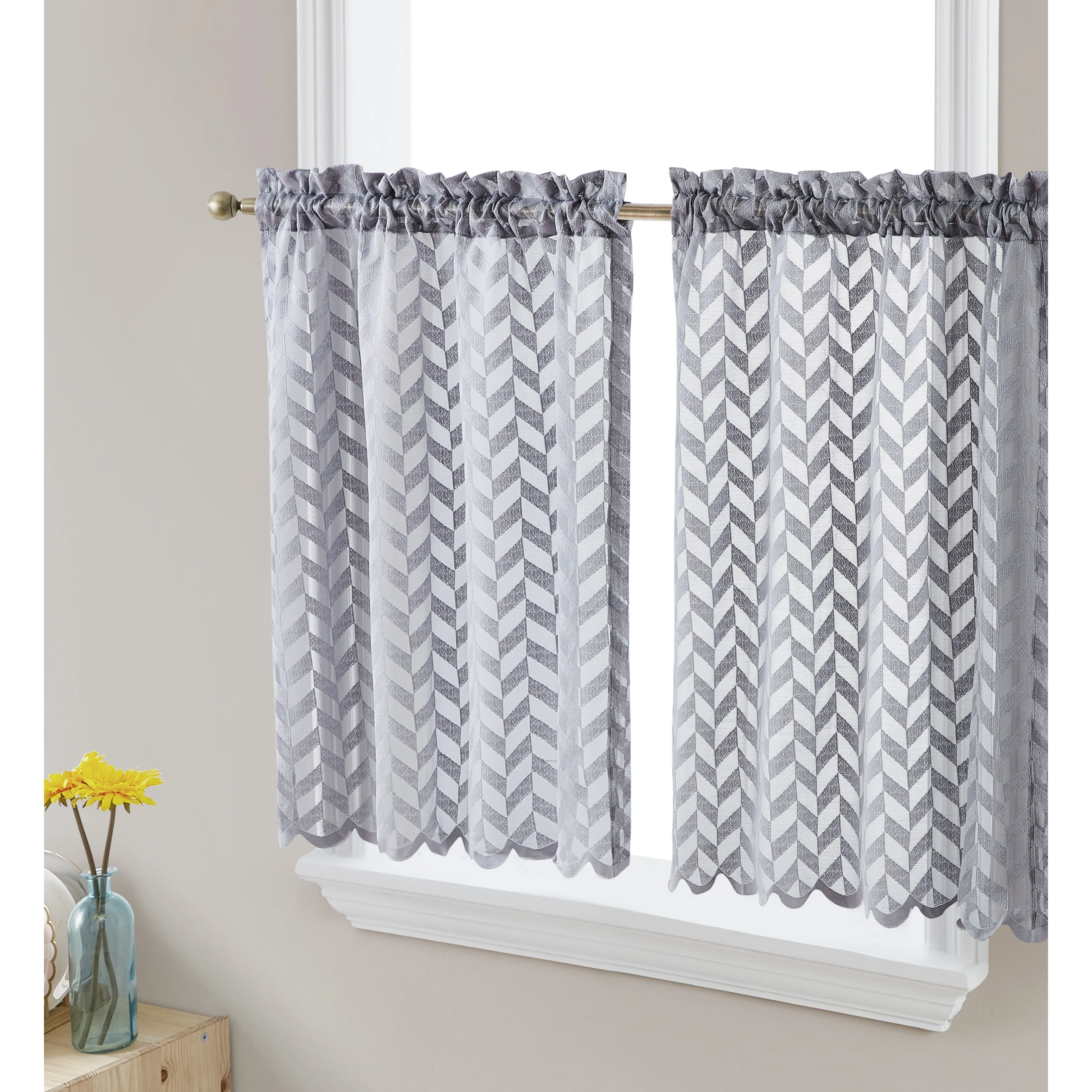 HLC.me Herringbone Lace Sheer Kitchen Cafe Curtain Tiers Swags Valance for Small Windows & Bathroom