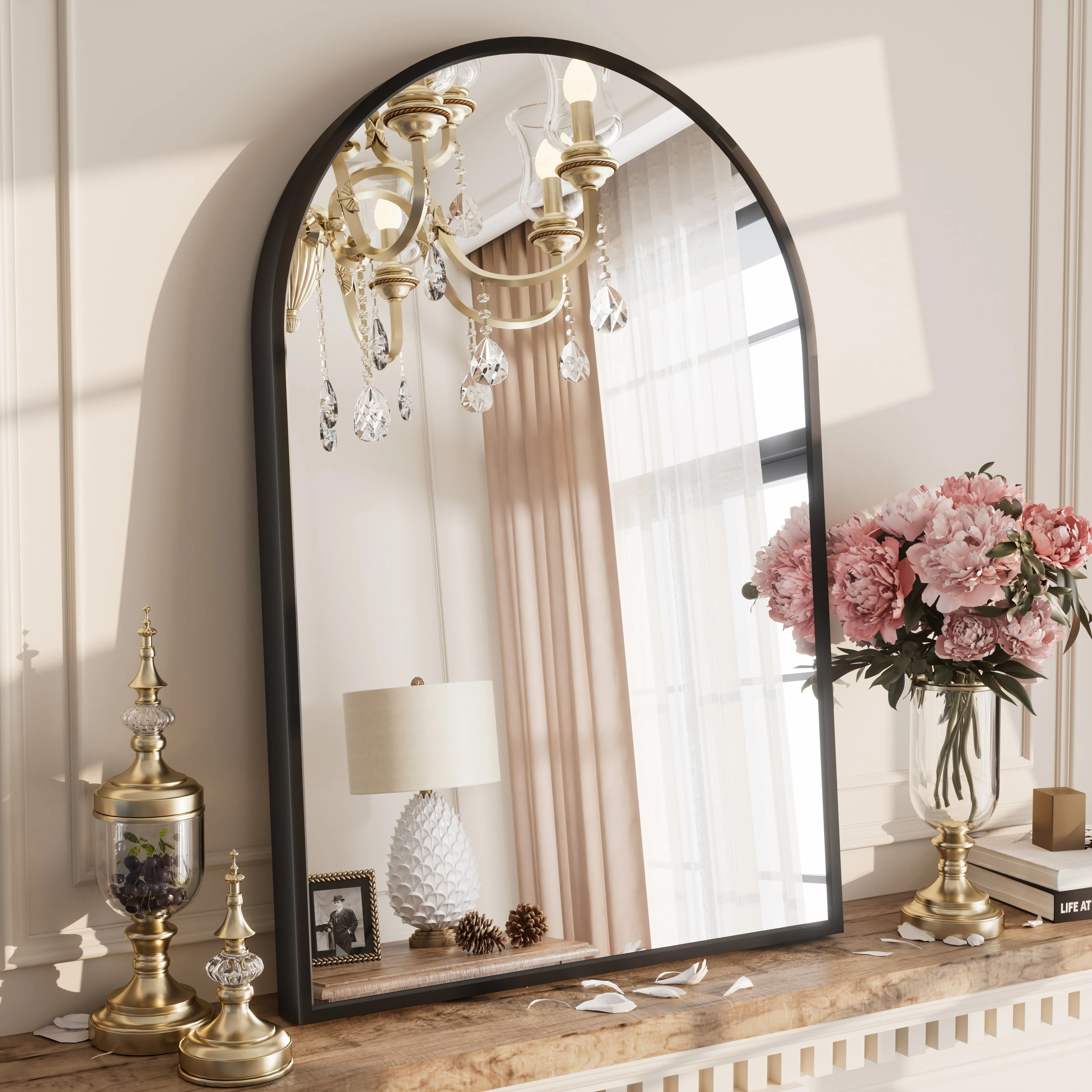 Apmir Arched Wall Mirror Black Metal Framed Bathroom Vanity Mirror