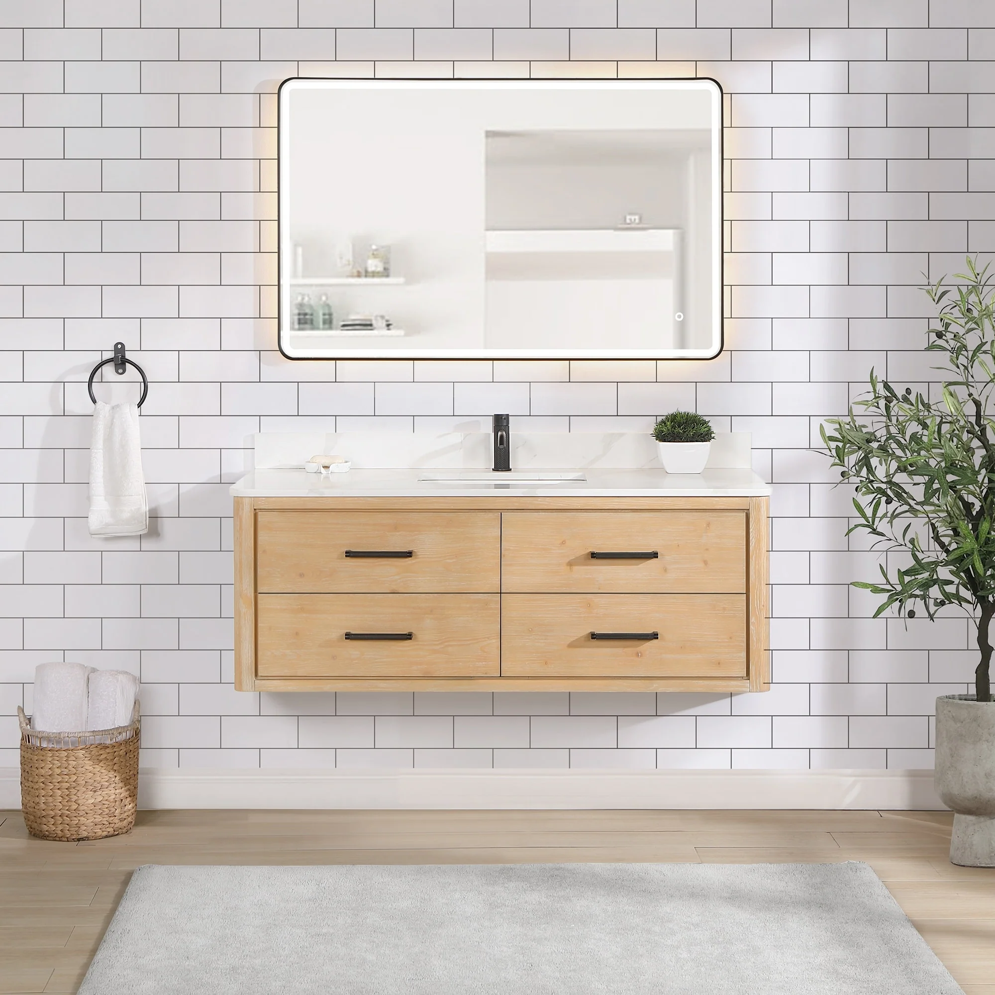 Cristo Floating Bath Vanity with White Quartz Stone Top and Mirror