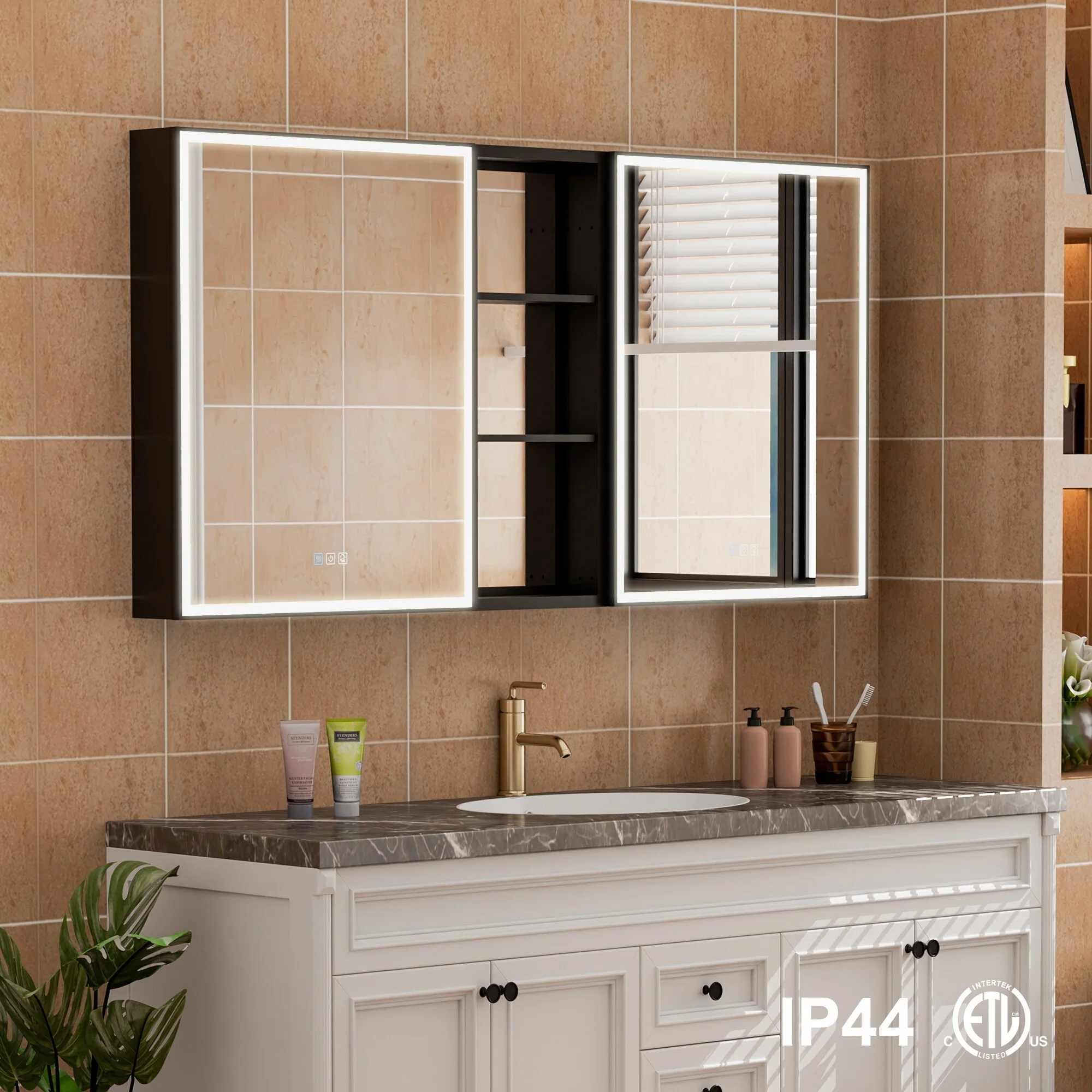 30 in. H Recessed or Surface Wall Mounted LED Mirror Cabinet With Black Side Cabinet