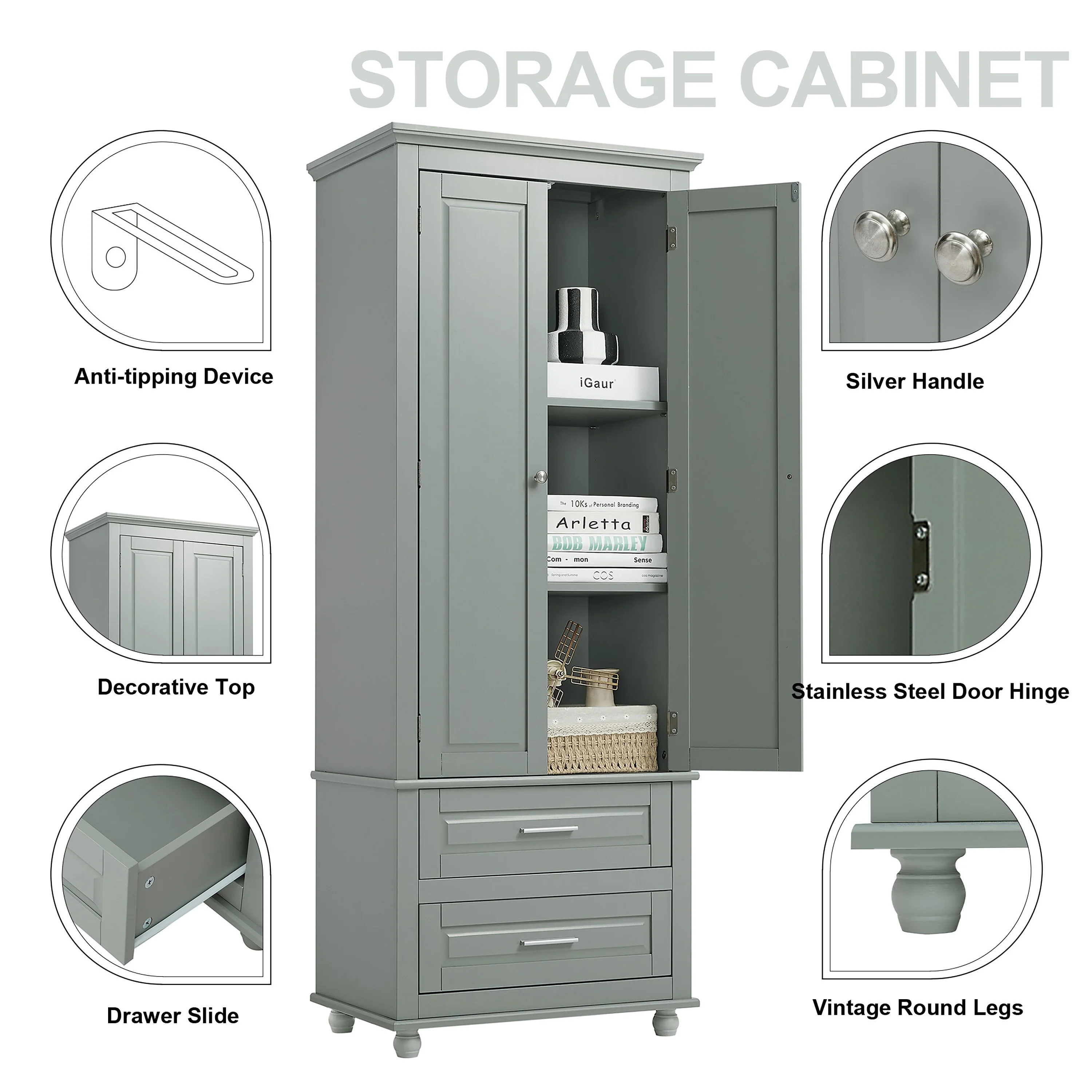 Tall Storage Cabinet with Two Drawers for Bathroom/Office
