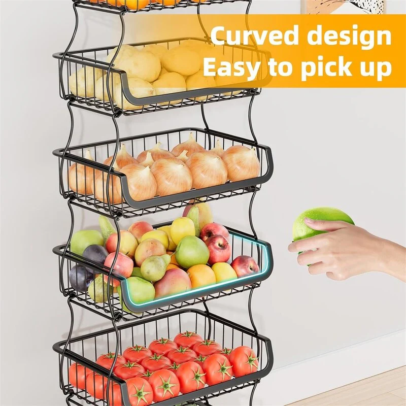 6 Tier Rolling Cart Stackable Fruit Vegetable Basket with Wheels and 2 Hanging Basket - 11.75