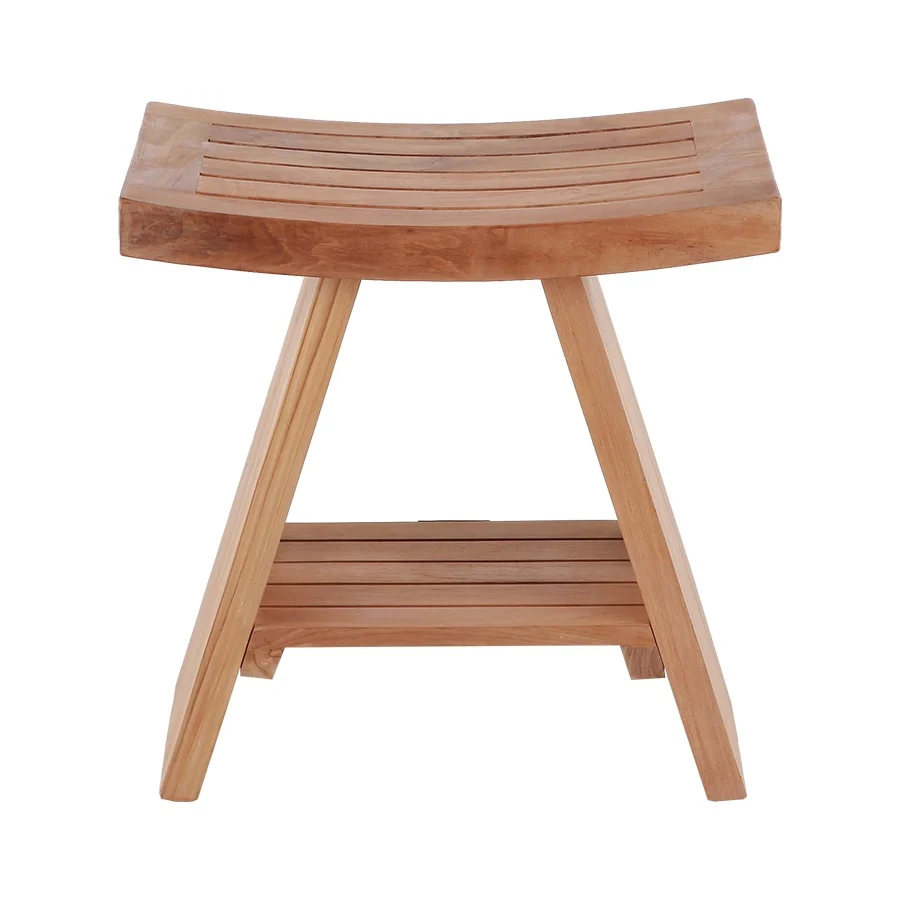 Nordic Style Natural Teak Stool with Curved Seat and Shelf - Beige - N/A