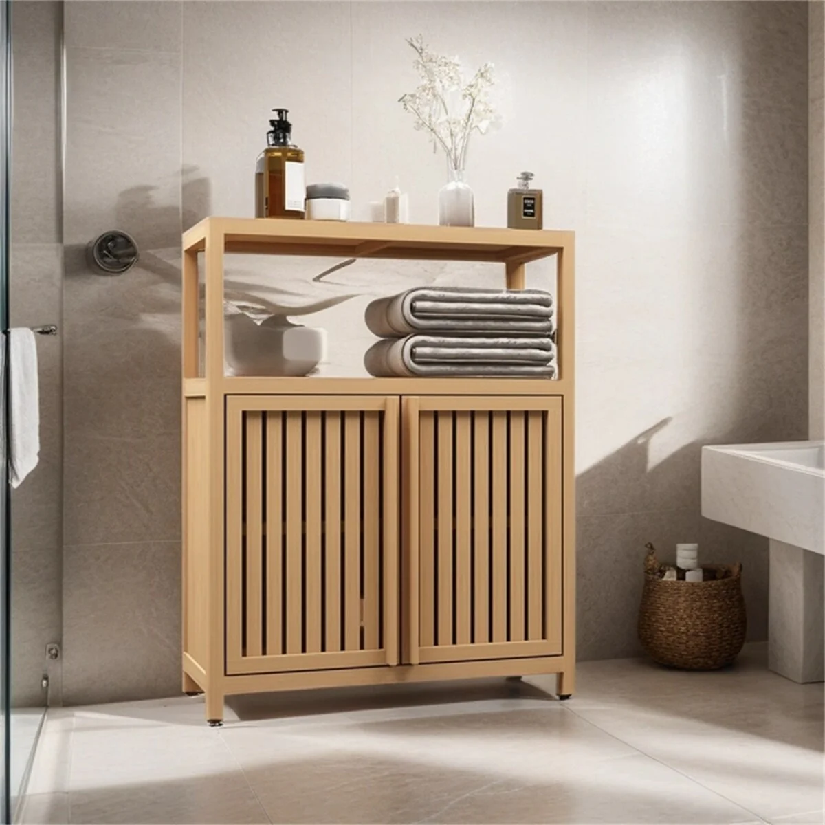 Large Capacity Bamboo Storage Cabinet Furniture With Shelves