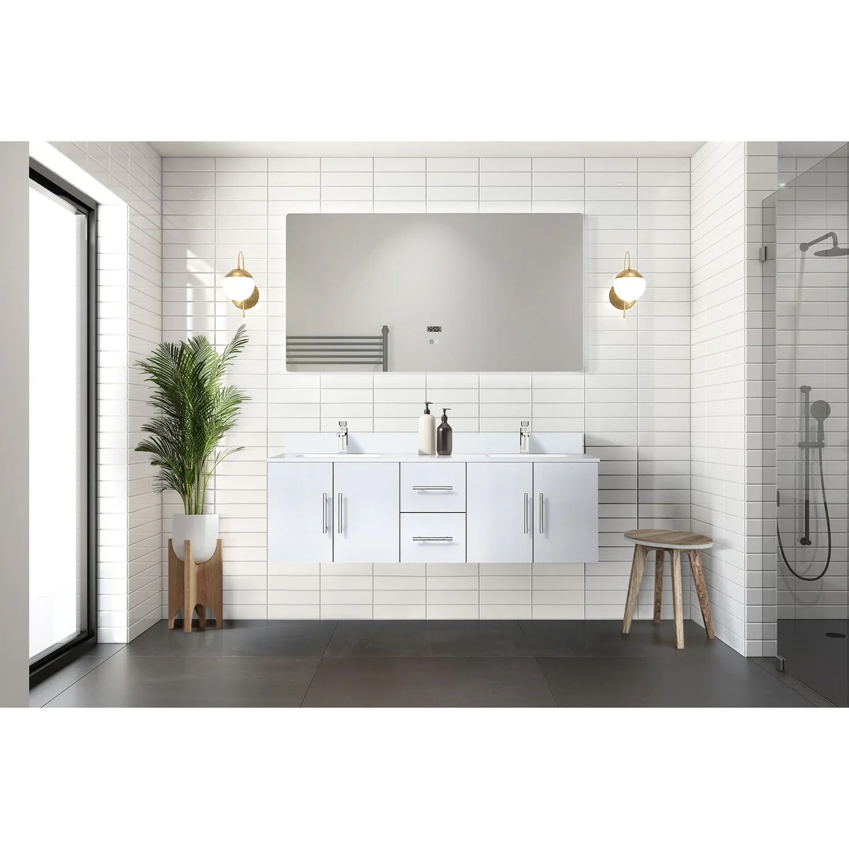 Geneva 60 in. W x 22 in. D Dark Grey Double Bath Vanity, White Quartz Top, Faucet Set, and 60 in. LED Mirror