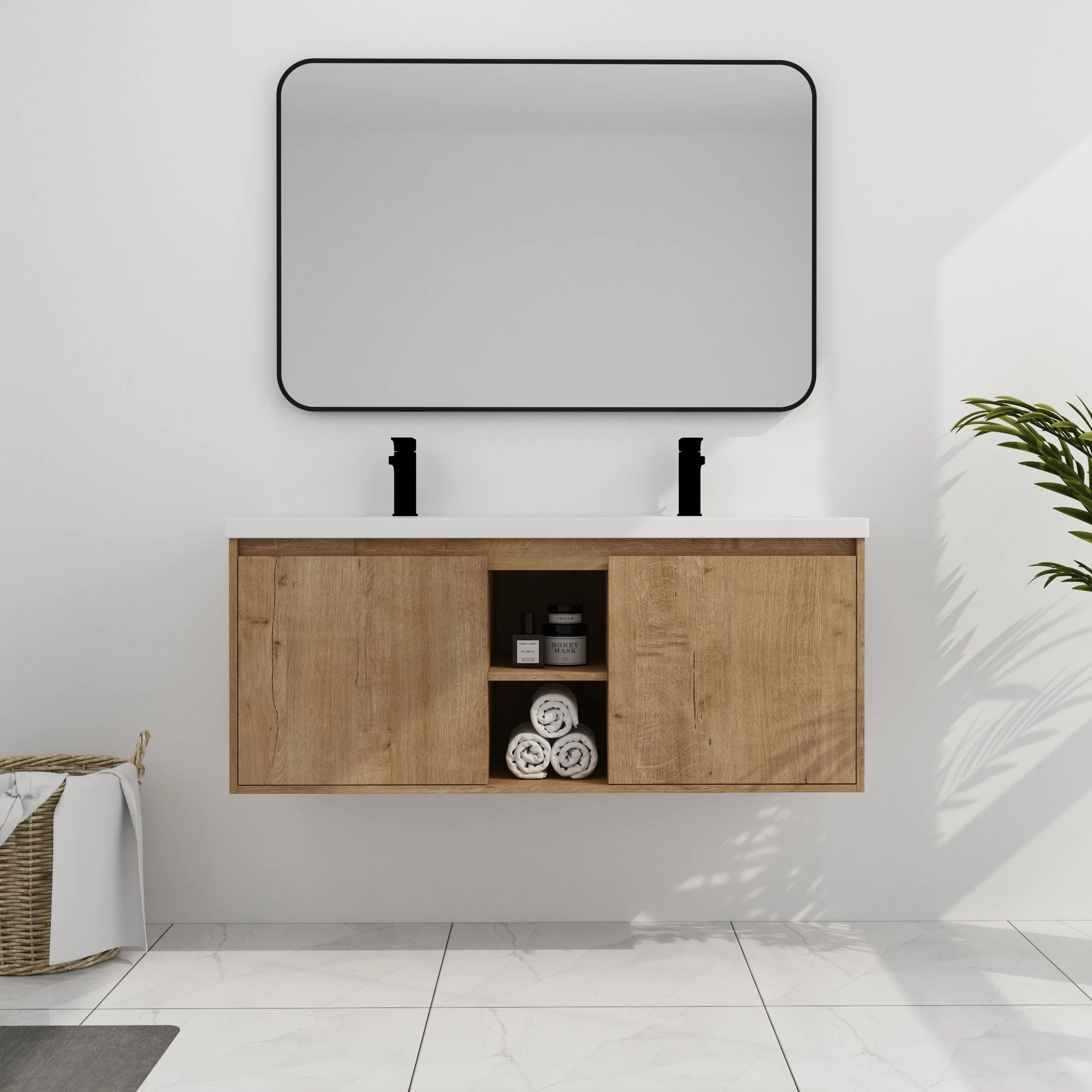 BNK Double Sink Bathroom Vanity in 48 Inch,Bathroom Cabinet with Soft Close Doors&Shelves
