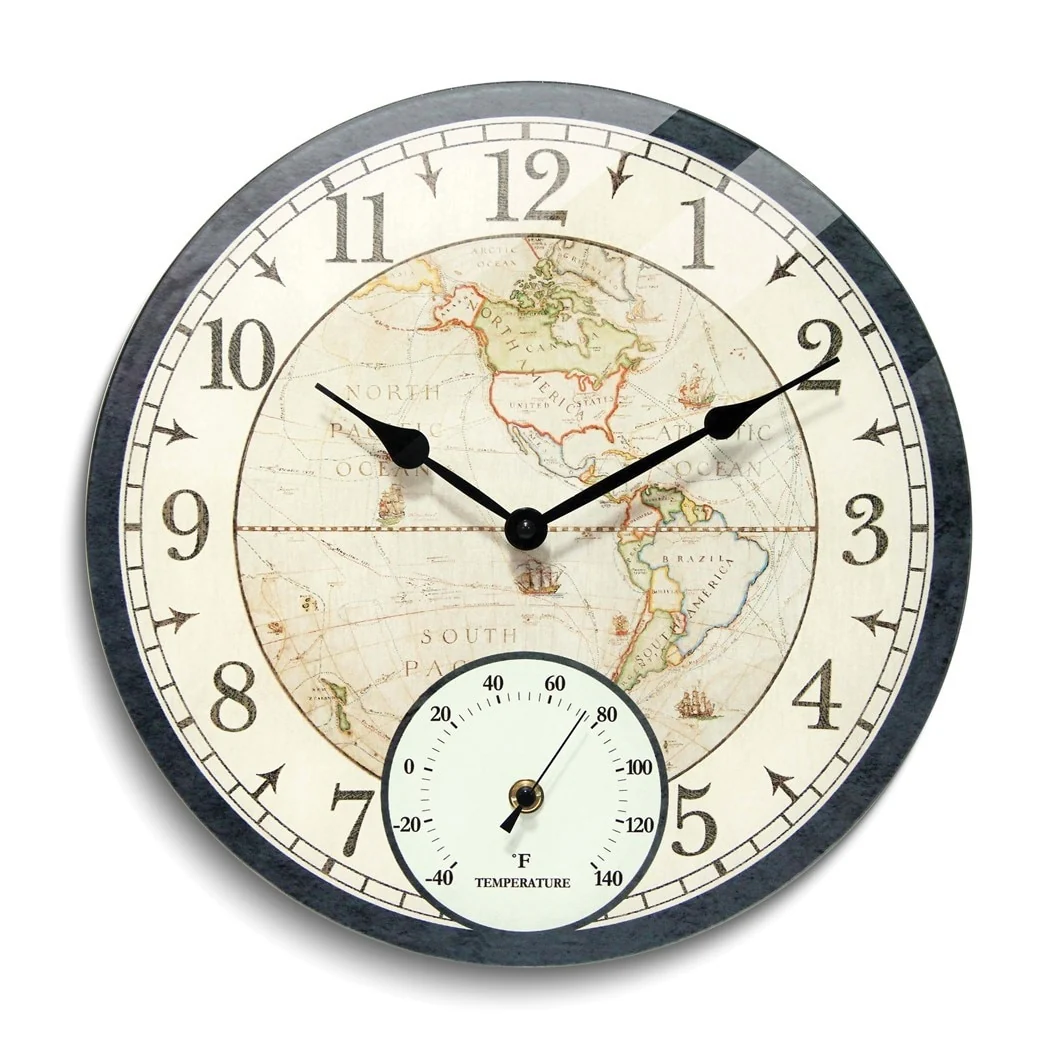 Curata Black Indoor and Outdoor World Map Quartz Wall Clock with Thermometer