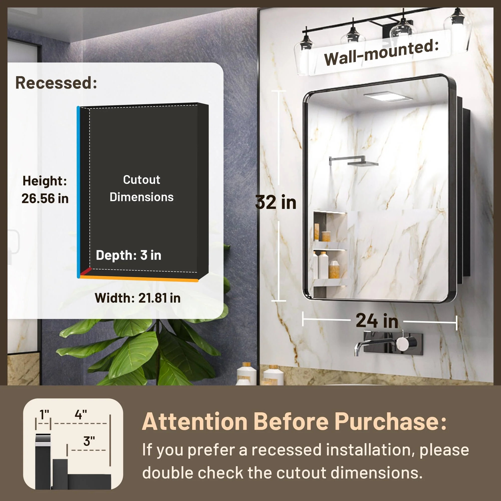 KEONJINN Medicine Cabinets for Bathroom with Mirror, Stainless Steel 1-3 Framed Doors