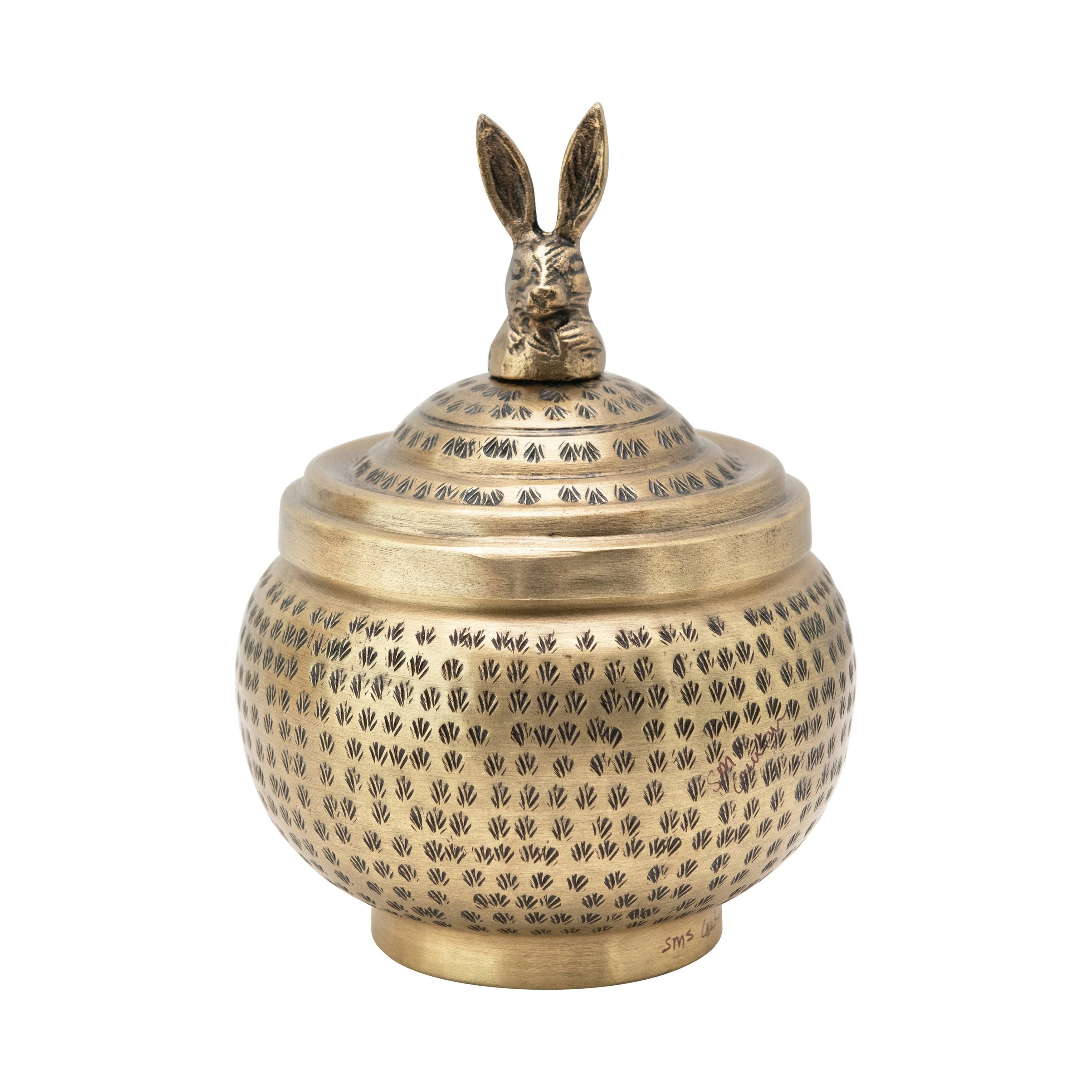 Hammered Metal Container with Finial, Brass Finish