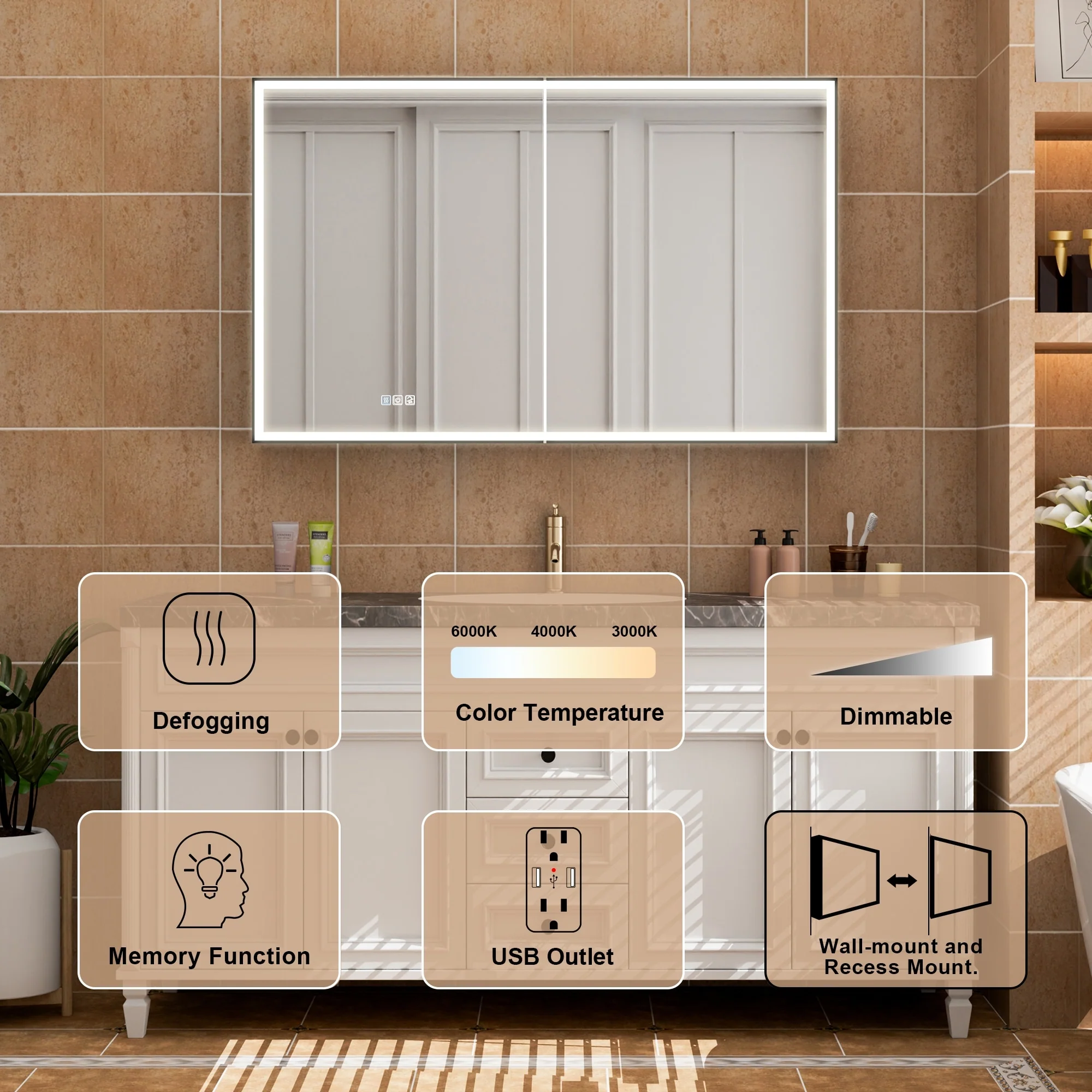 30'' H Recessed Or Surface Wall Mounted LED Mirror Cabinet With Mirror And Adjustable Shelves,Black Frame