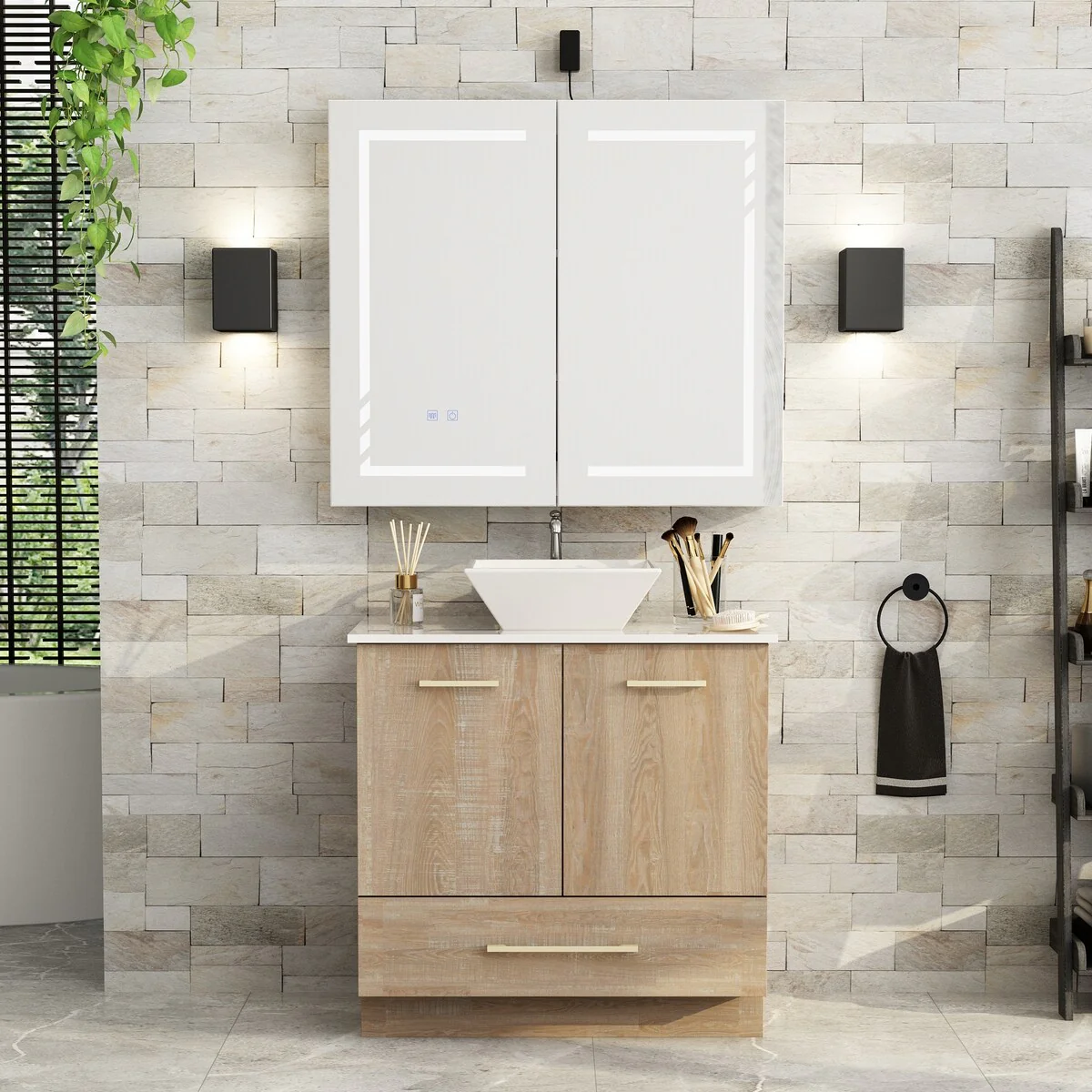 Bathroom Vanity with Ceramic Basin and Modern Medicine Cabinet Combo