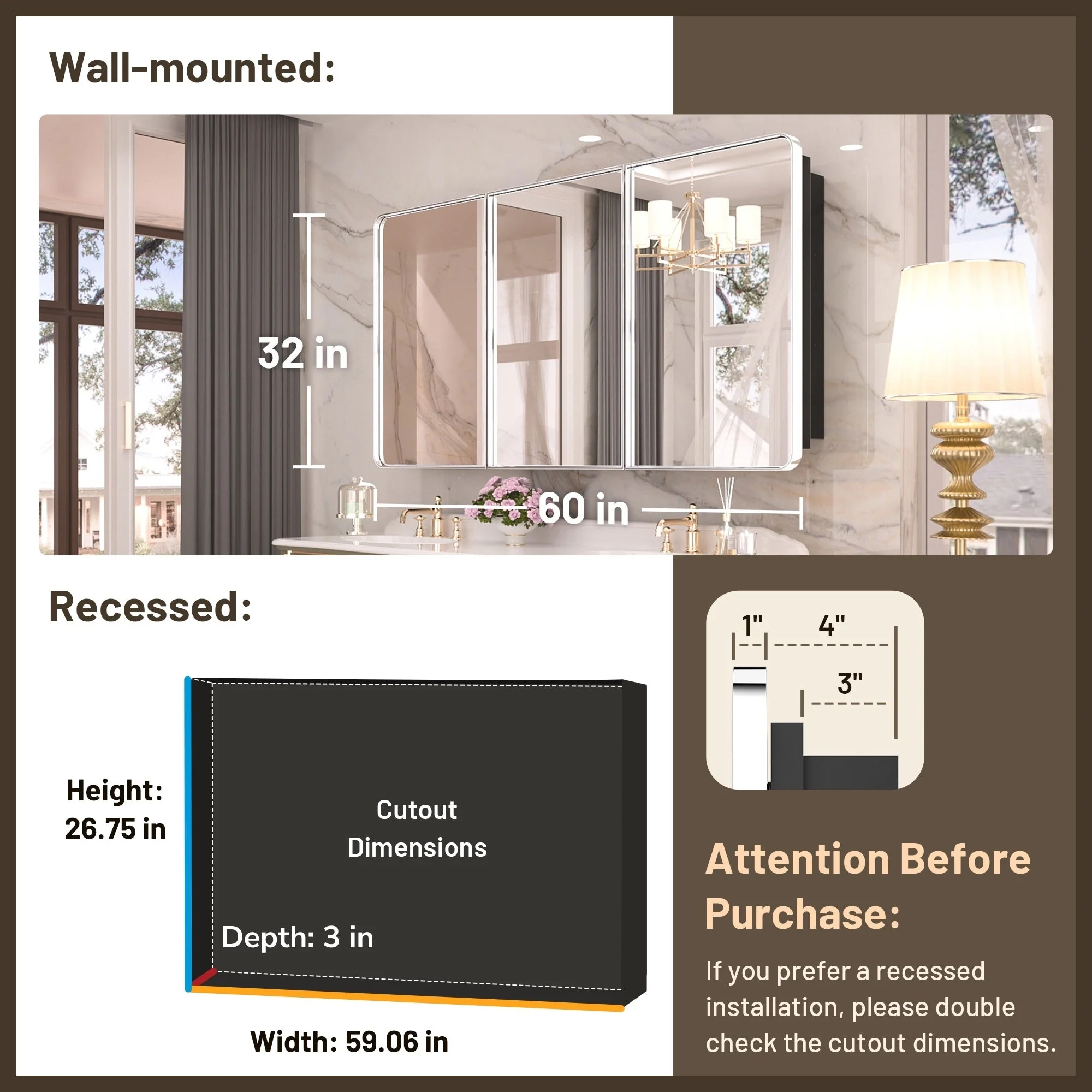 KEONJINN Medicine Cabinets for Bathroom with Mirror, Stainless Steel 1-3 Framed Doors