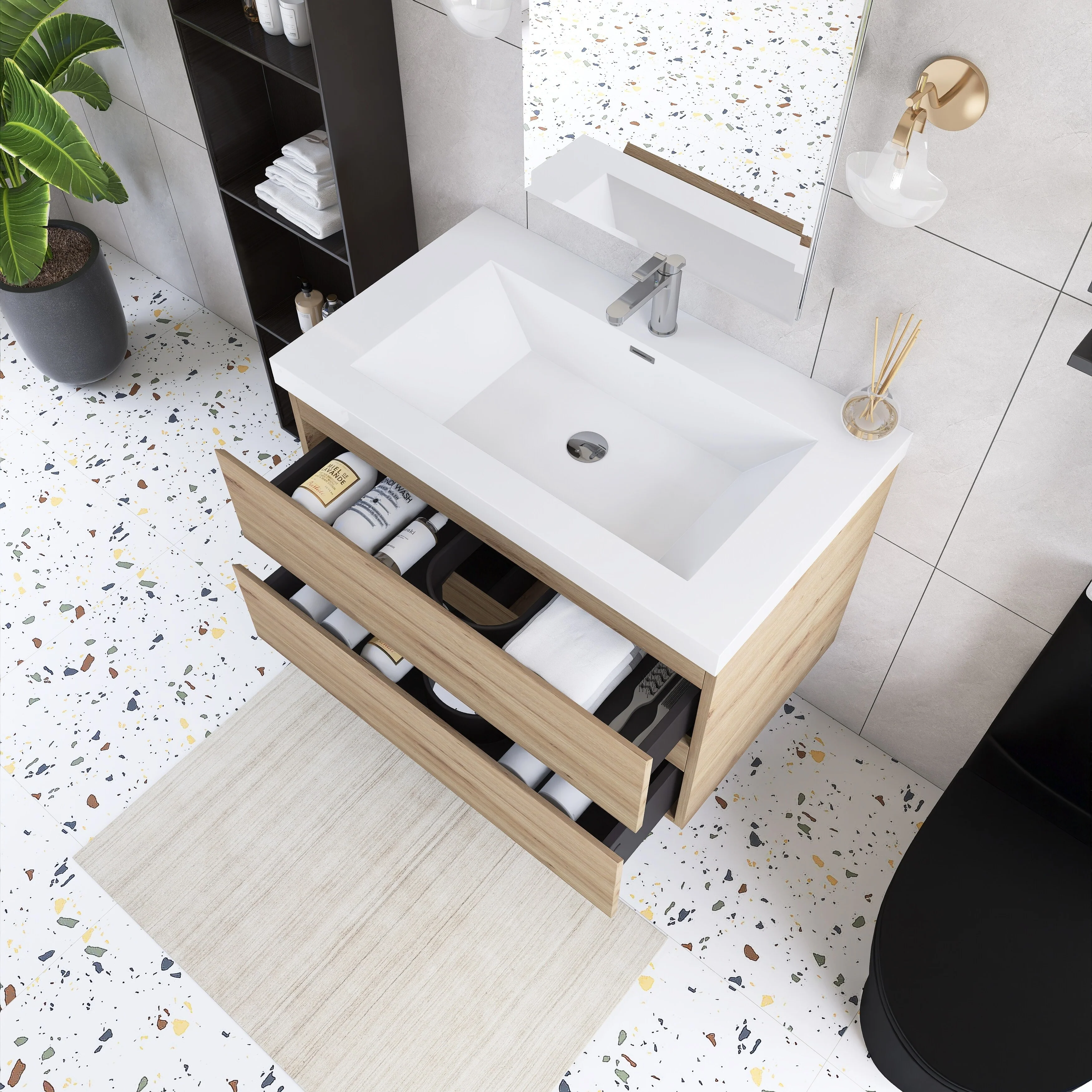 Angela Wall Mounted Bathroom Vanity in F. Oak with White Cultured Marble Top
