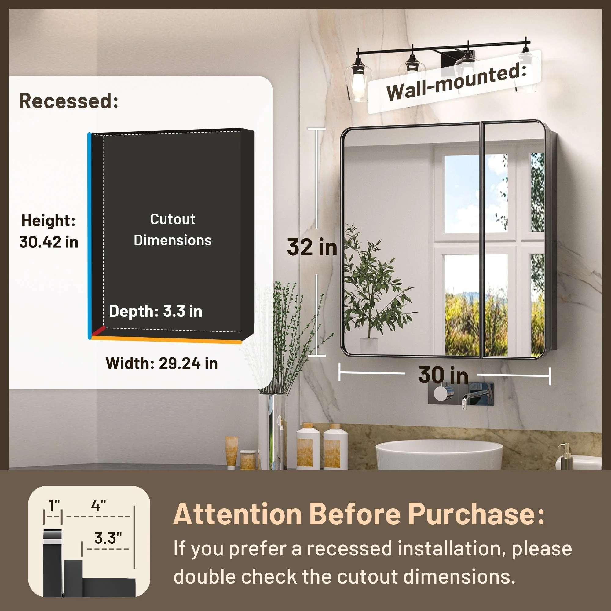 KEONJINN Medicine Cabinets for Bathroom with Mirror, Stainless Steel 1-3 Framed Doors