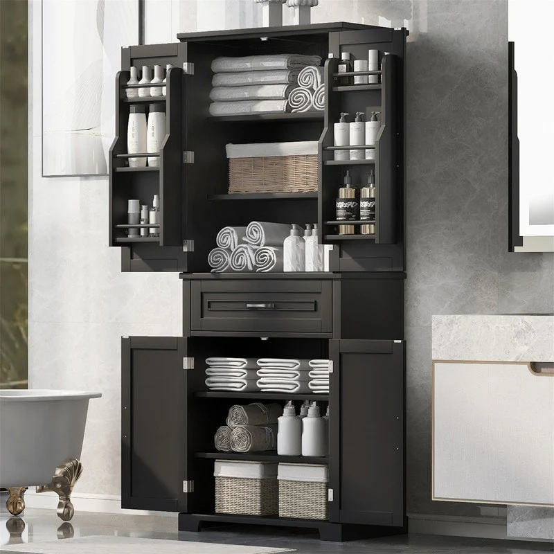 Bathroom Floor Cabinet, Freestanding Storage Cabinet with Doors and Drawer, Kitchen Cupboard with Adjustable Shelf
