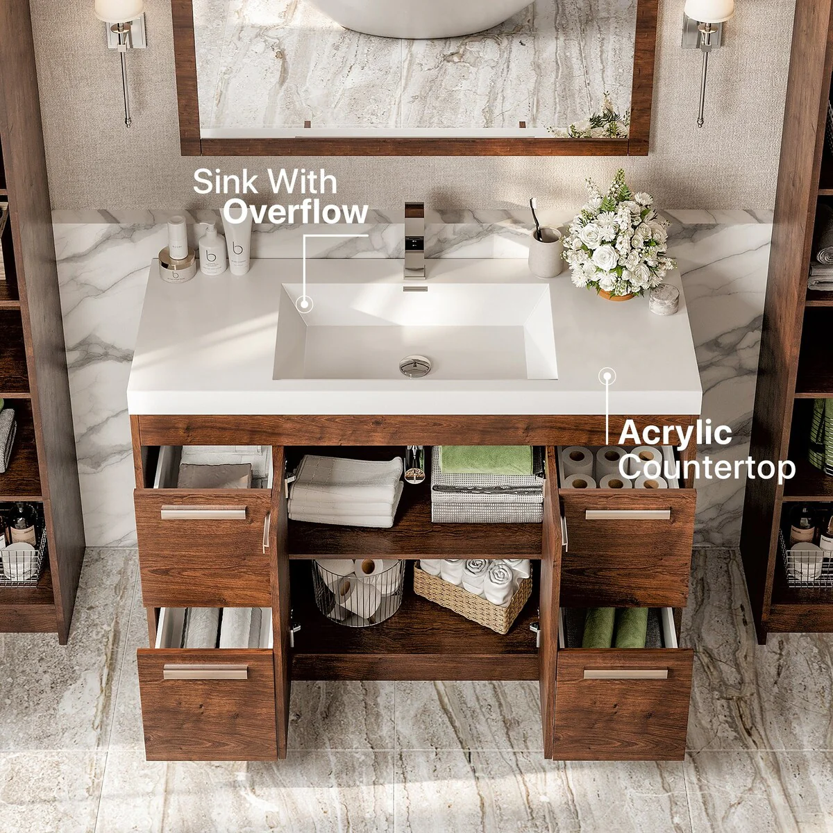 Eviva Lugano 48 inch Rosewood Modern Bathroom Vanity with White Integrated Acrylic Top