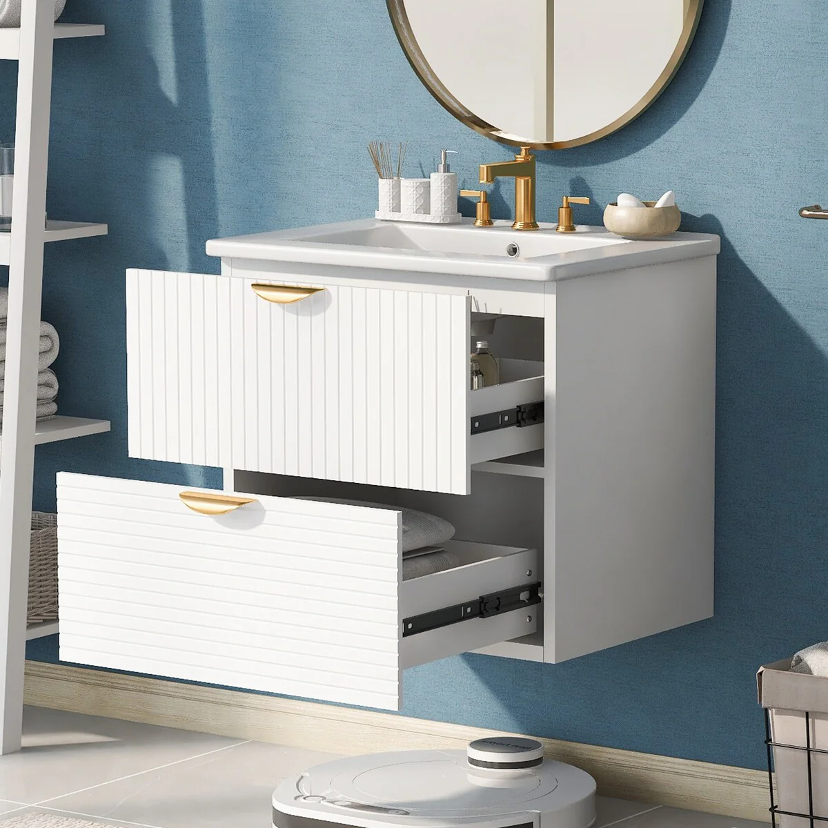 Modern 24 Inches MDF Wall-Mounted Bathroom vanity with Ceramic Sink and 2 Drawers