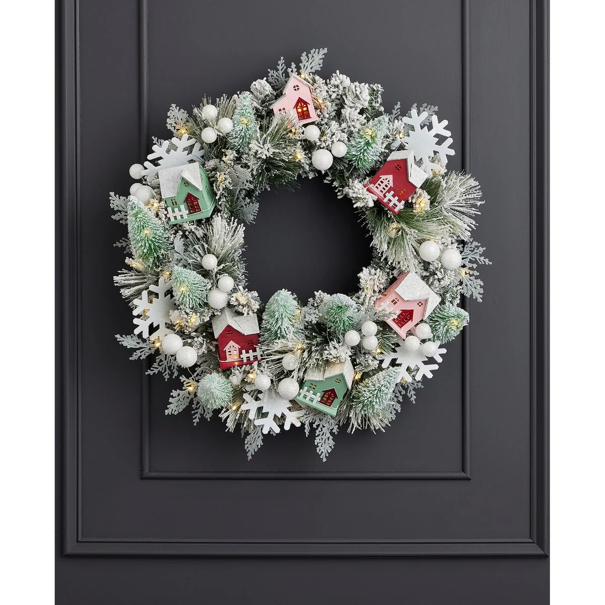 Snowy Cottage Wreath 26in Pre-Lit with 50 LED Fairy Lights B/O