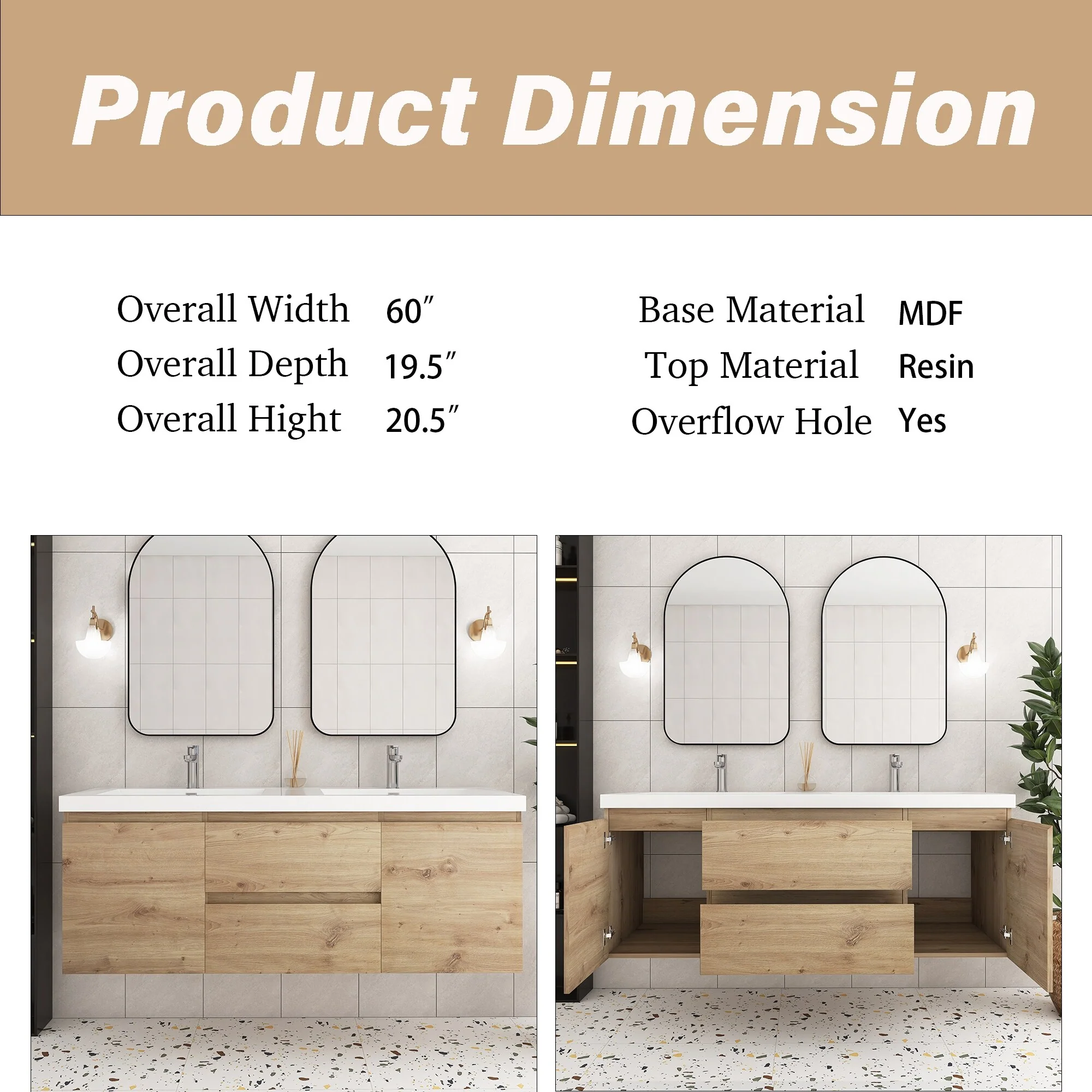 Angela Wall Mounted Bathroom Vanity in F. Oak with White Cultured Marble Top