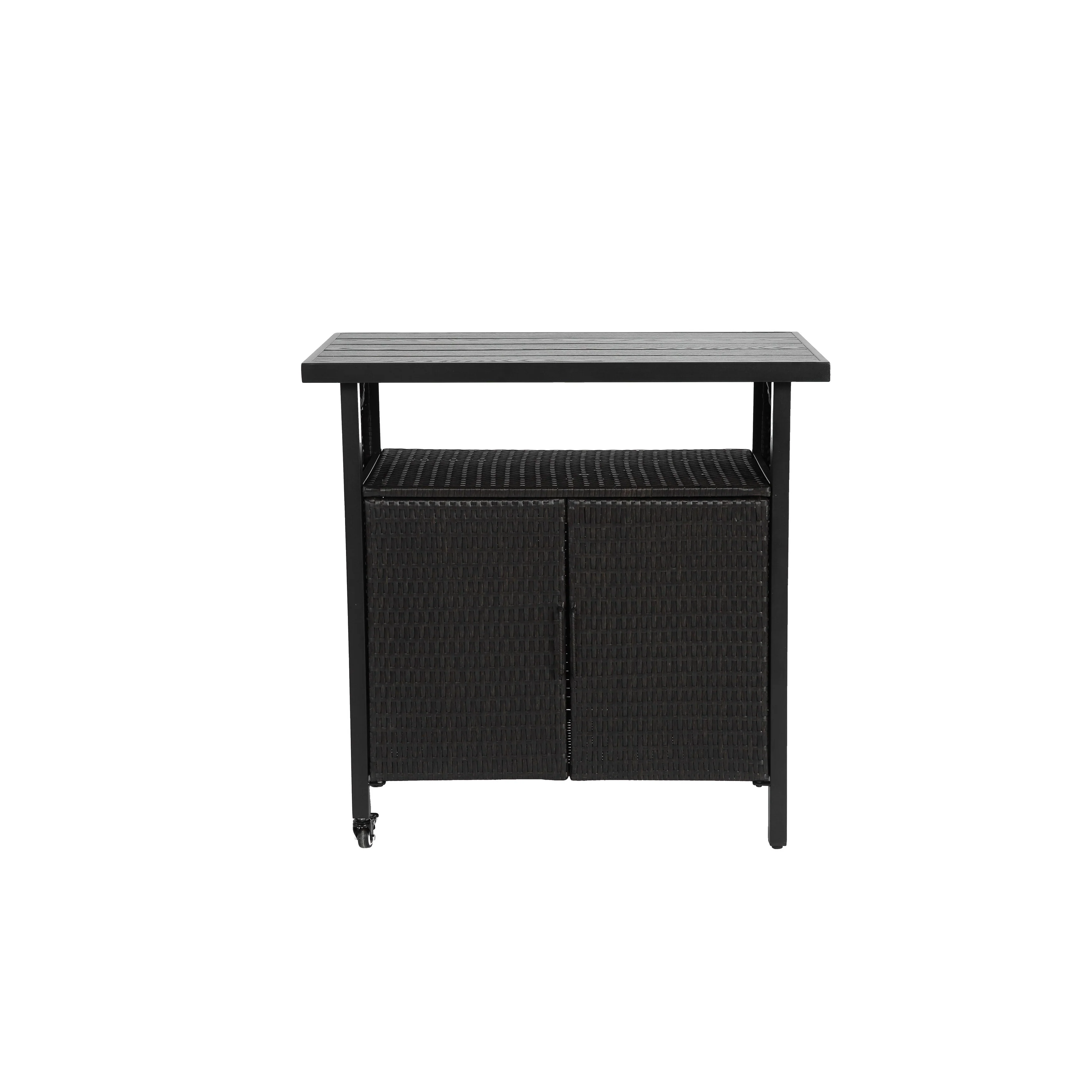 Outdoor Wicker Bar Cart, Patio Wine Serving Cart w/Wheels,Rolling Rattan Beverage Bar Counter Table w/Glass