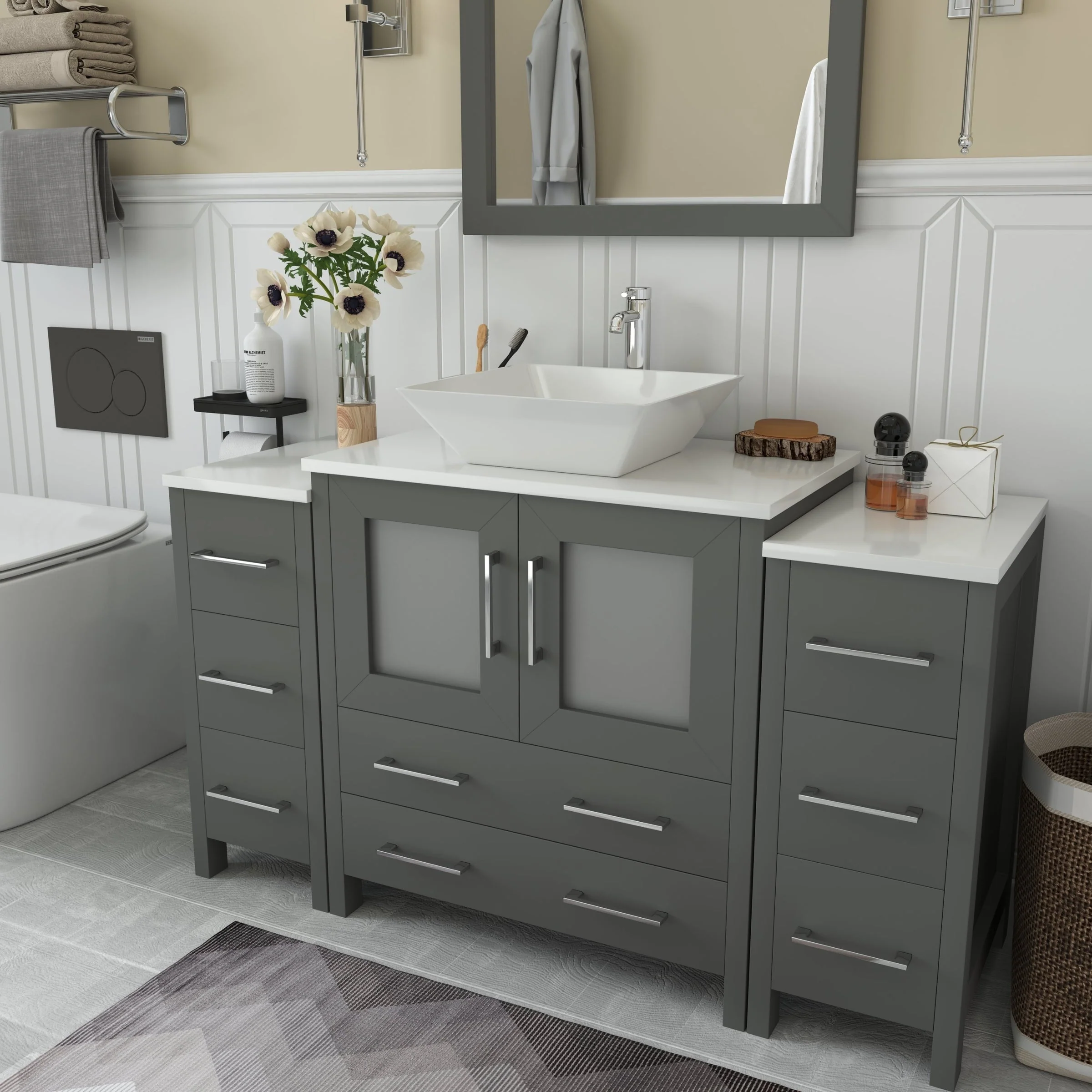 Vanity Art 54-inch Single Sink Bathroom Vanity Set with Engineered Marble Top and Free Mirror - 54 x 18.5 x 36 Inches