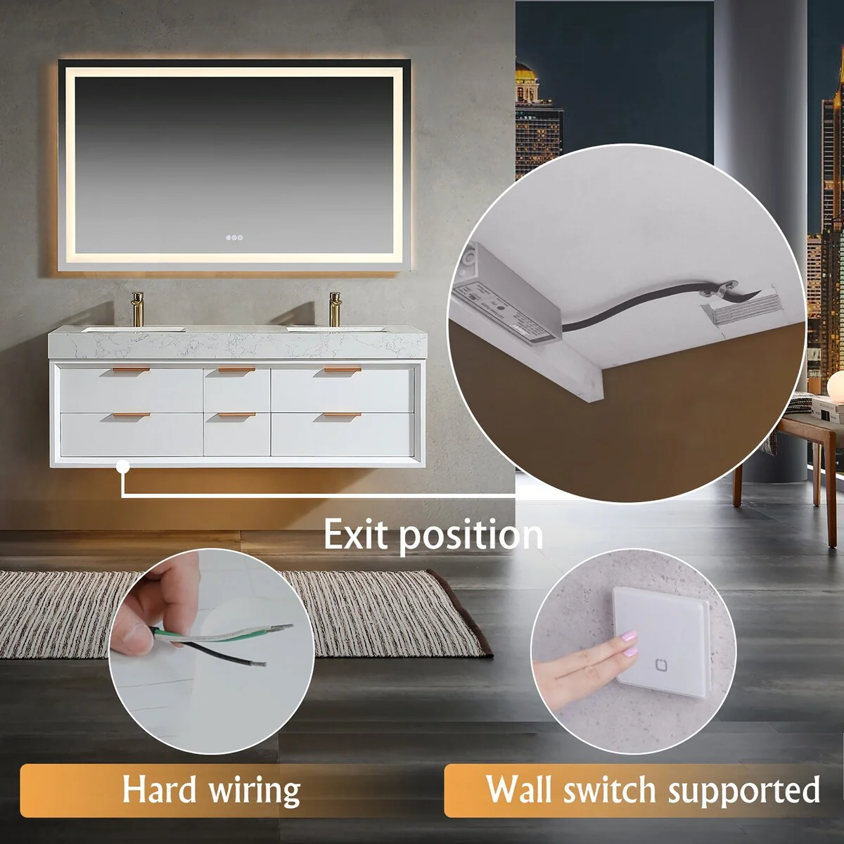 60 Inch Solid Wood Frame Wall-Mounted Bathroom Vanity Set with Double Ceramic Basin