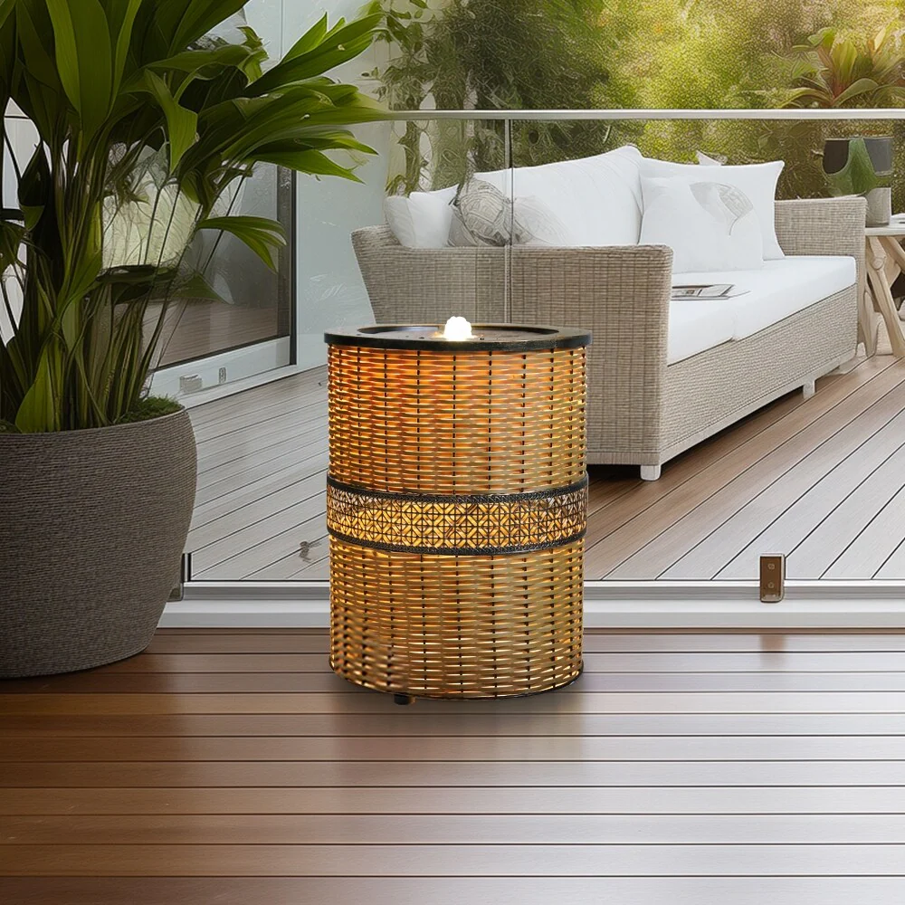 Indoor 16.9in H Round Rattan Water Fountain w/LED Light for Home Decor