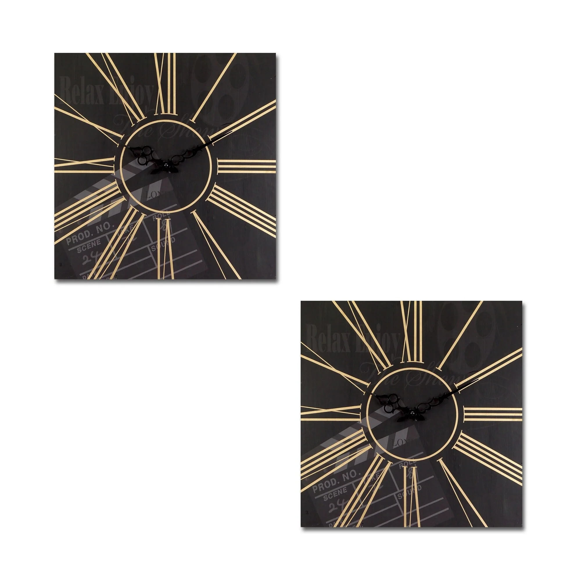 HomeRoots Set of Two Black And Gold Wood Analog Square Cinema Wall Clocks - 15.75' X '15.75' X '1.75