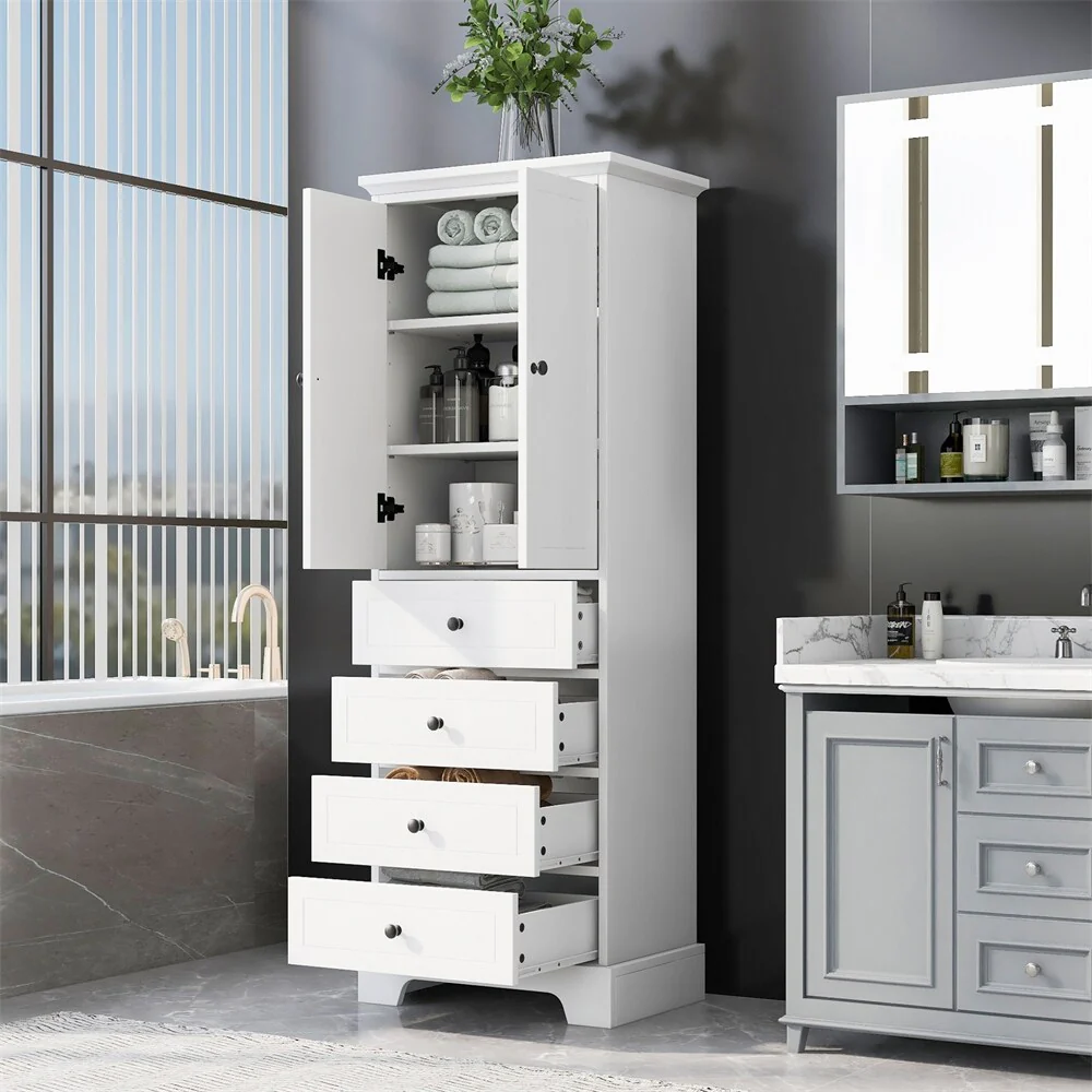 Wooden Storage Cabinet with 2 Doors and 4 Drawers, Adjustable Shelf