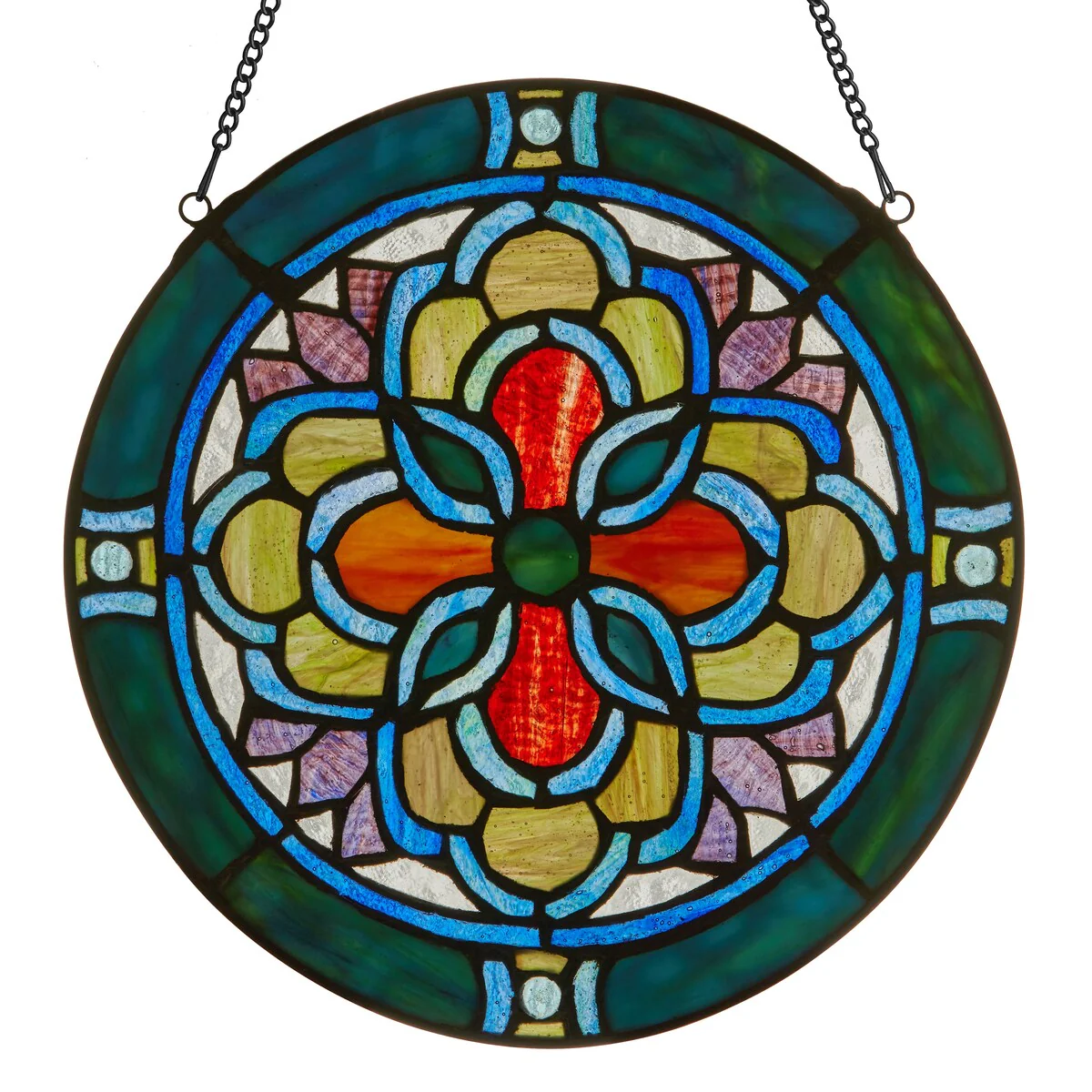 Geometric River of Goods Teal and Yellow Tiffany-Style Stained Glass Round Window Panel - 12