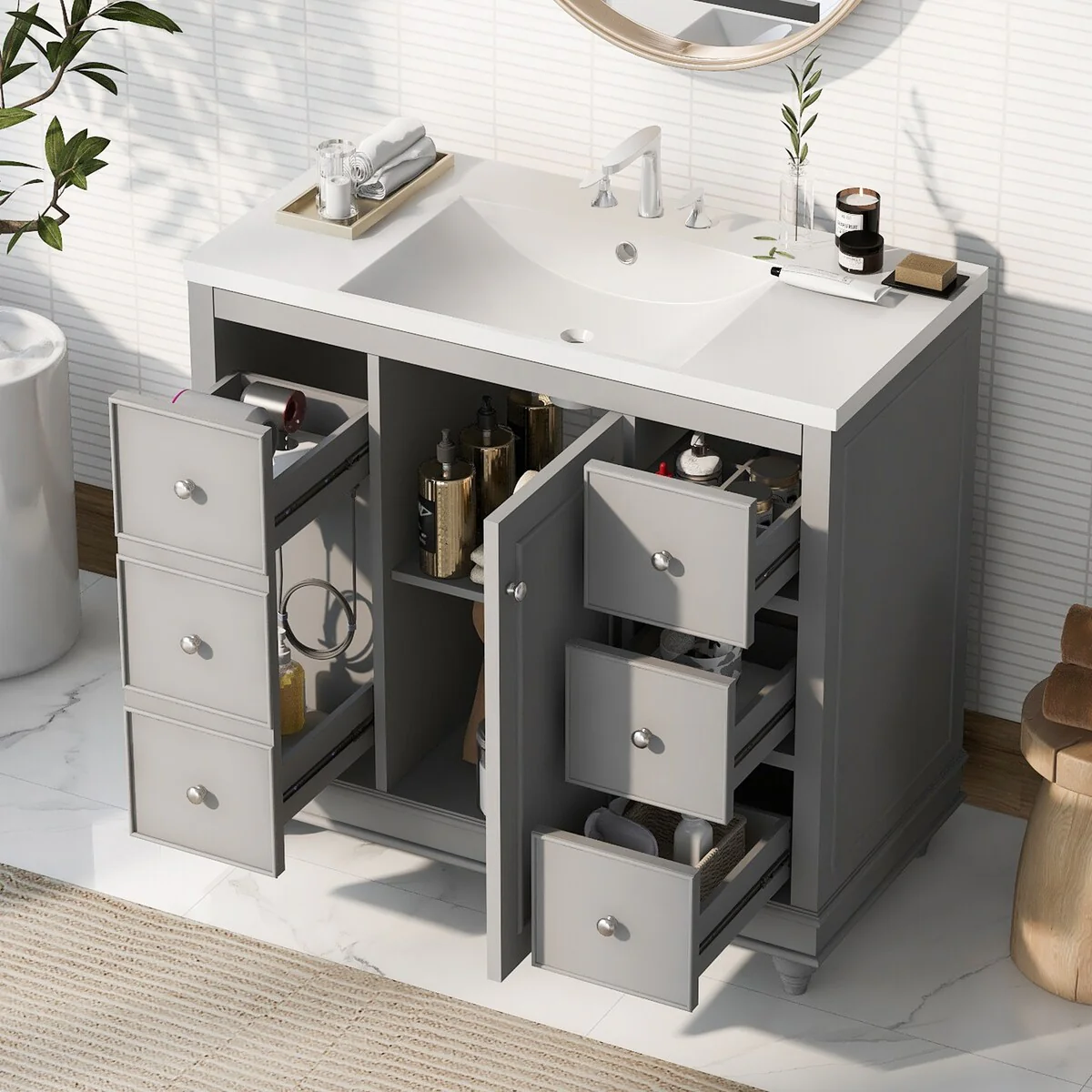 36 in. W Freestanding Bath Vanity with White Resin Sink,4 Drawers and 1 Door
