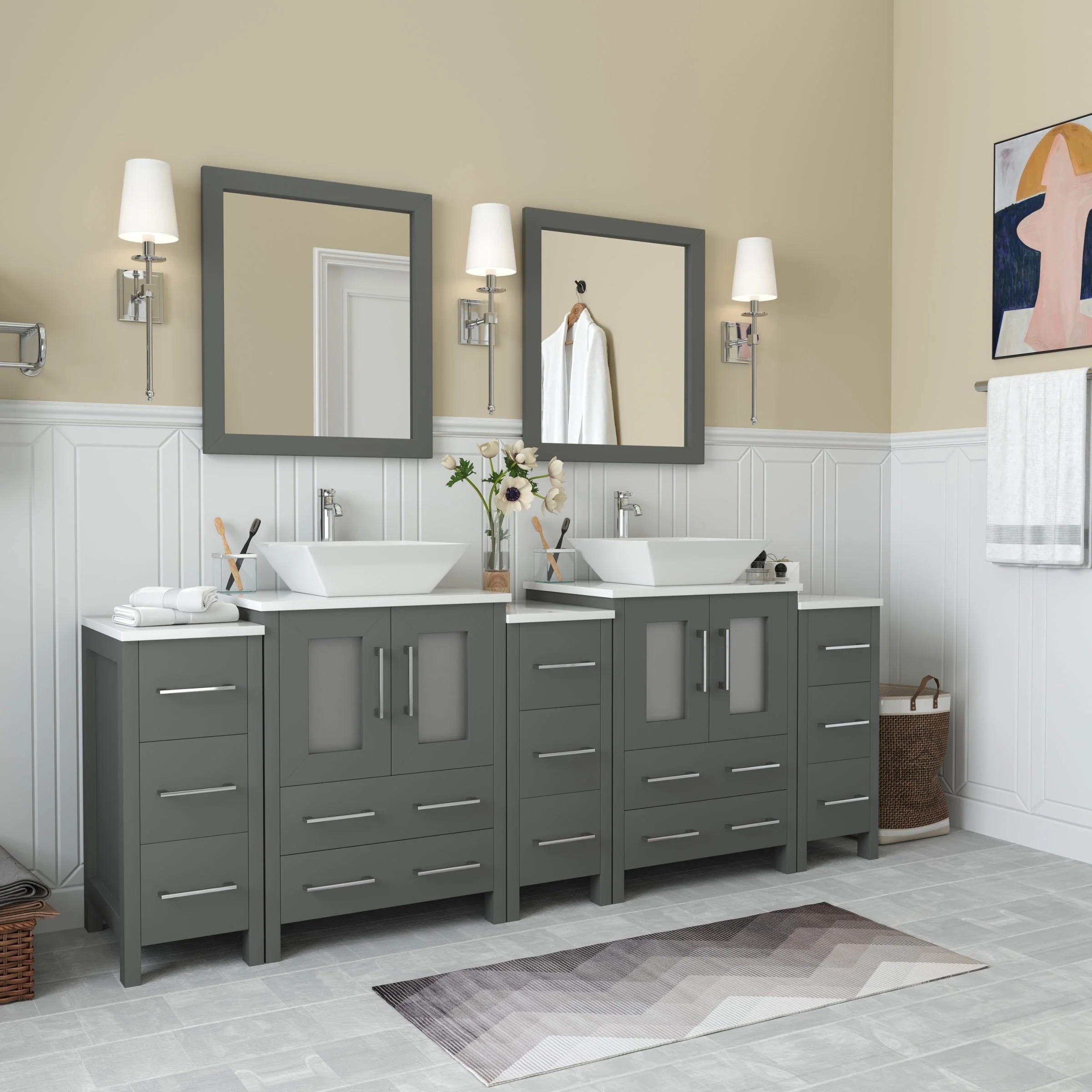 Vanity Art 84-Inch Double Sink Bathroom Vanity Set with Engineered Marble Top and Free Mirror - 84 W X 18.5 D X 31.1 H