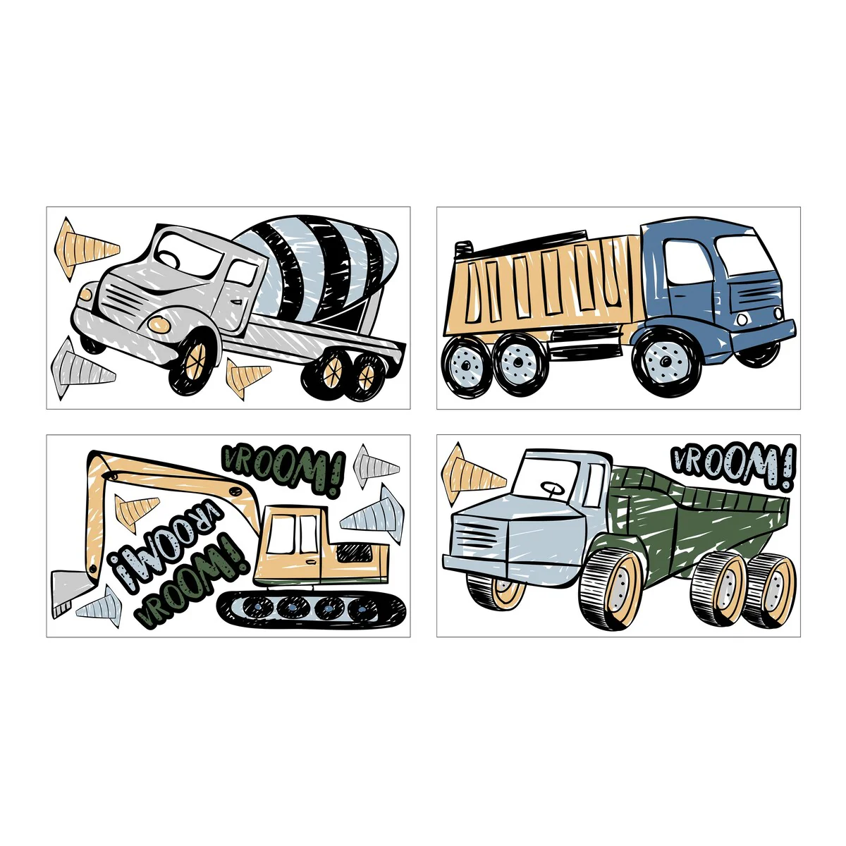 Construction Truck Collection Peel Stick Wall Decal Stickers Art Nursery Decor (Set of 4) -Grey Yellow Blue Green Transportation