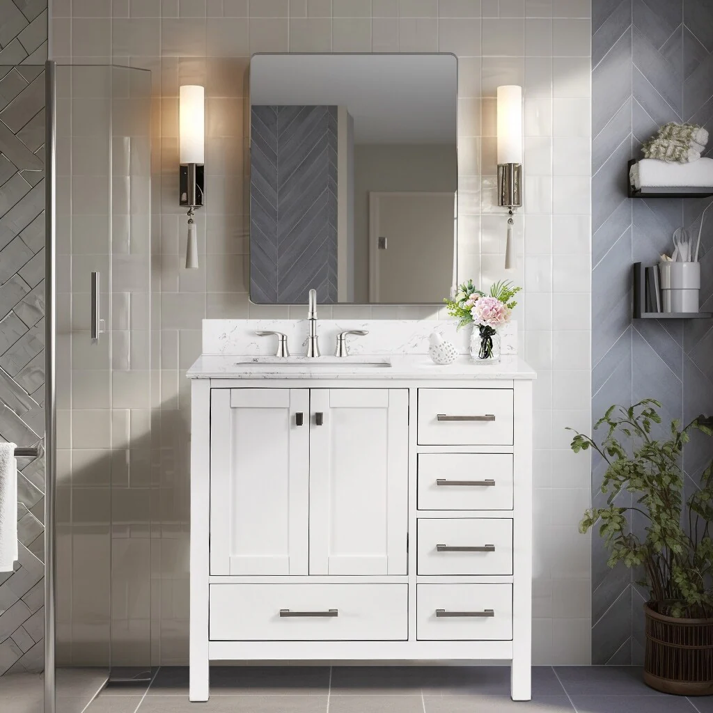 Prismatica 36 in. White Vanity with Countertop & Splash, Left Sink