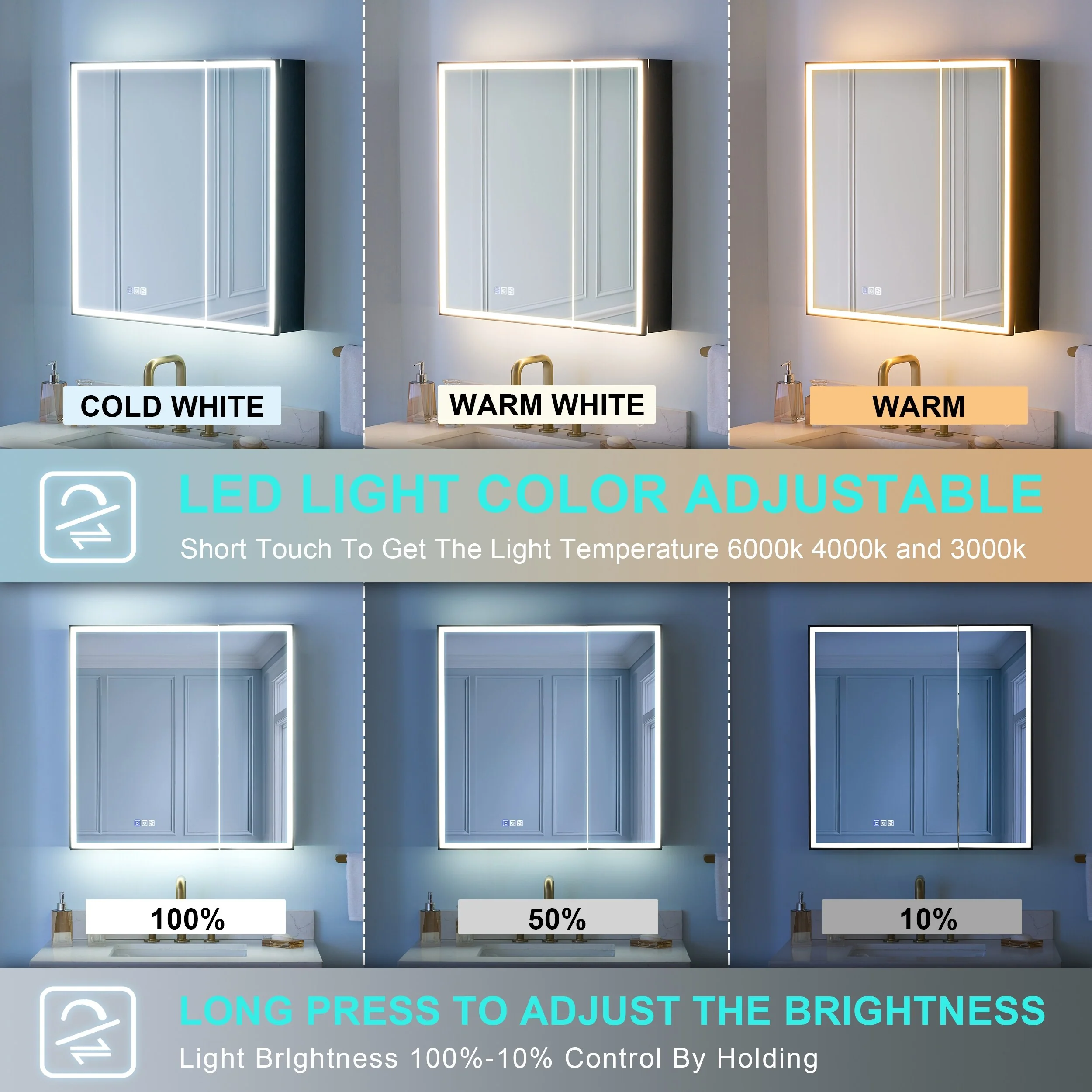 30'' H Recessed Or Surface Wall Mounted LED Mirror Cabinet With Mirror And Adjustable Shelves,Black Frame