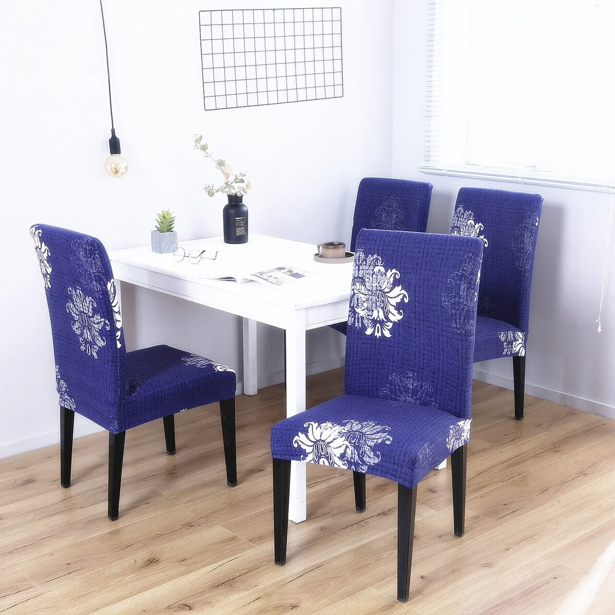 Enova Home Navy Blue Elegant Polyester and Spandex Stretch Washable Box Cushion Chair Slipcover Set of 4 - N/A