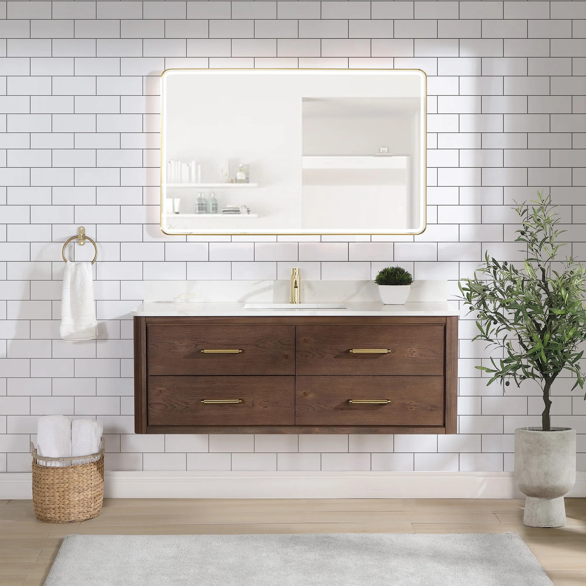 Cristo Floating Bath Vanity with White Quartz Stone Top and Mirror