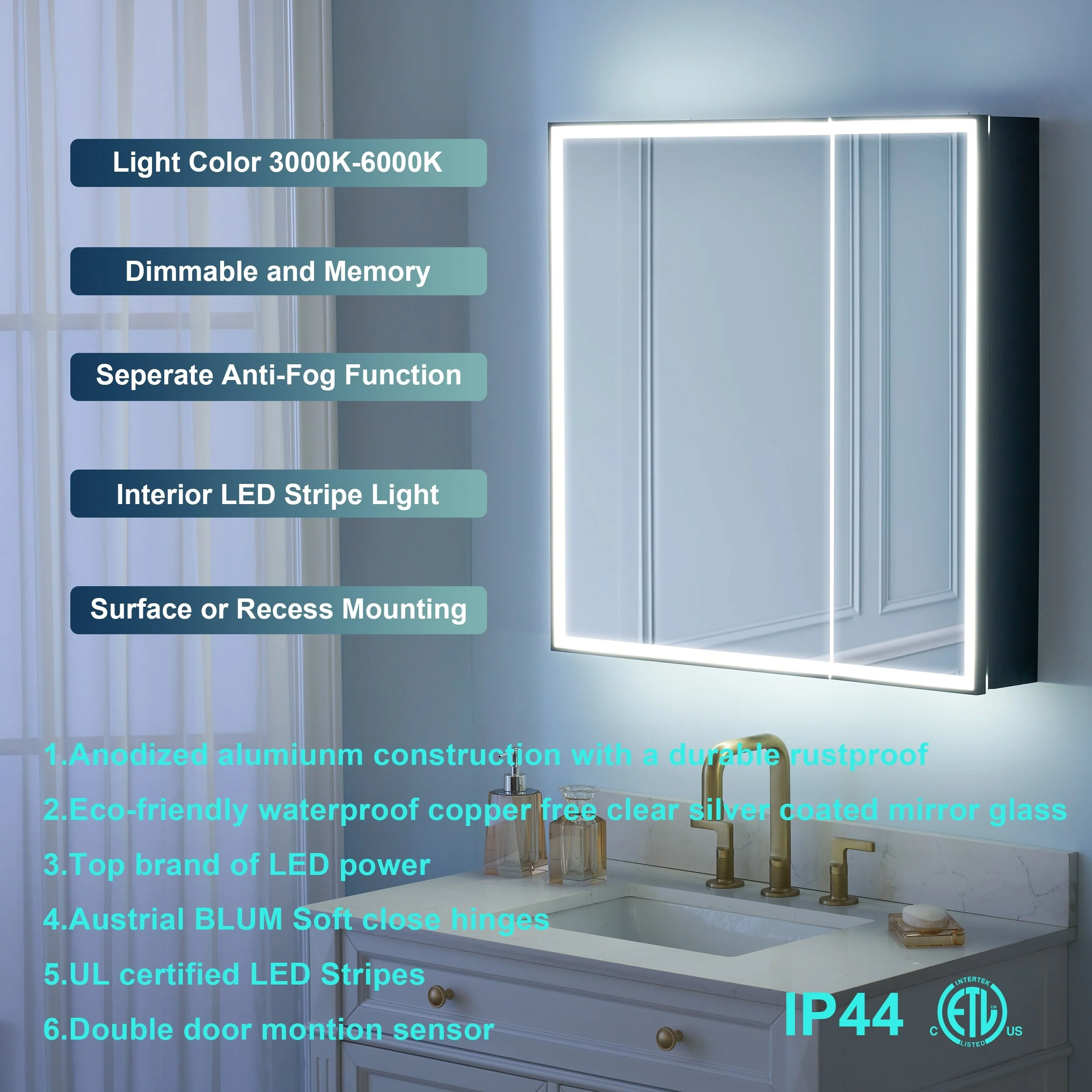 30'' H Recessed Or Surface Wall Mounted LED Mirror Cabinet With Mirror And Adjustable Shelves,Black Frame
