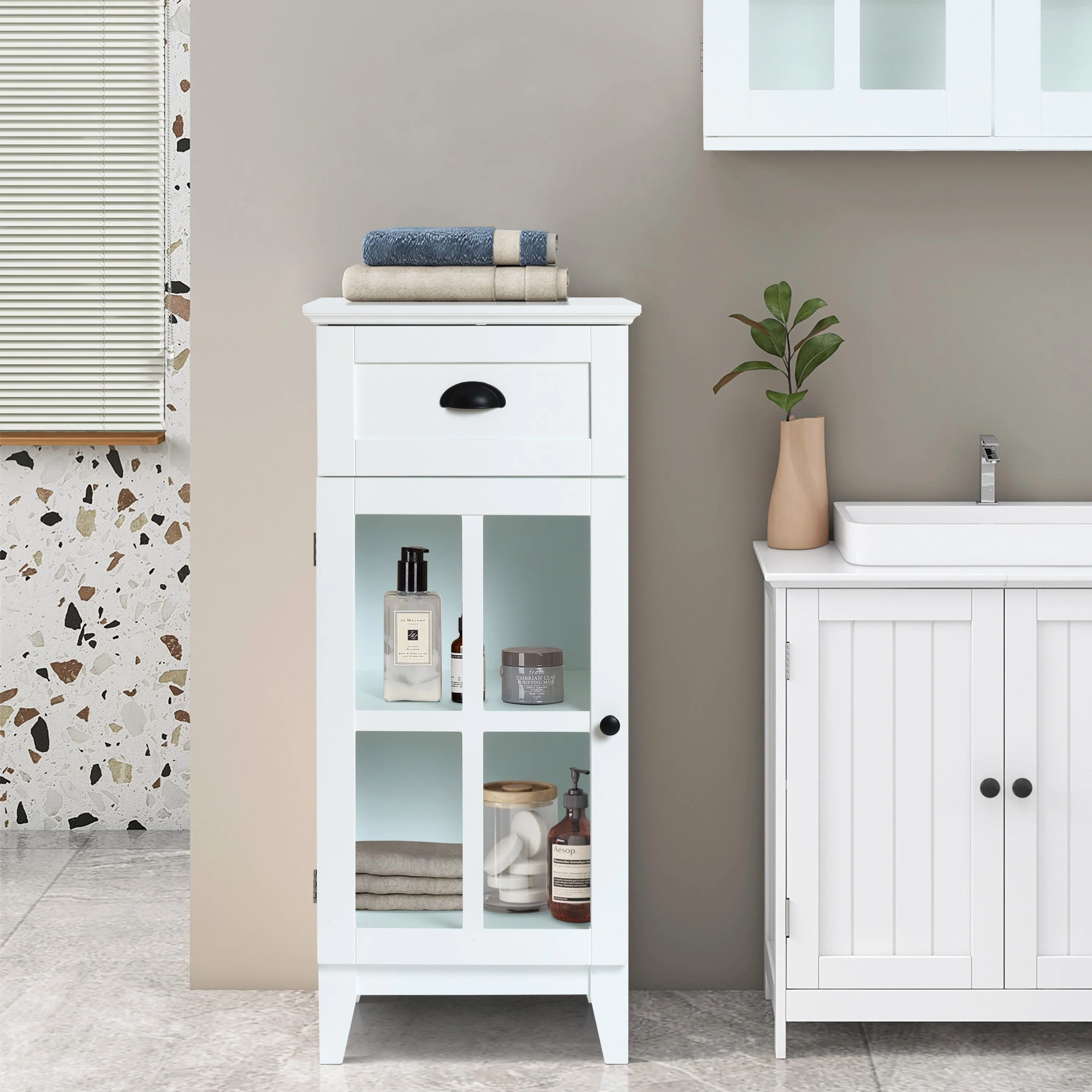 White MDF Wood Slim Bathroom Storage Cabinet and End Table - 37