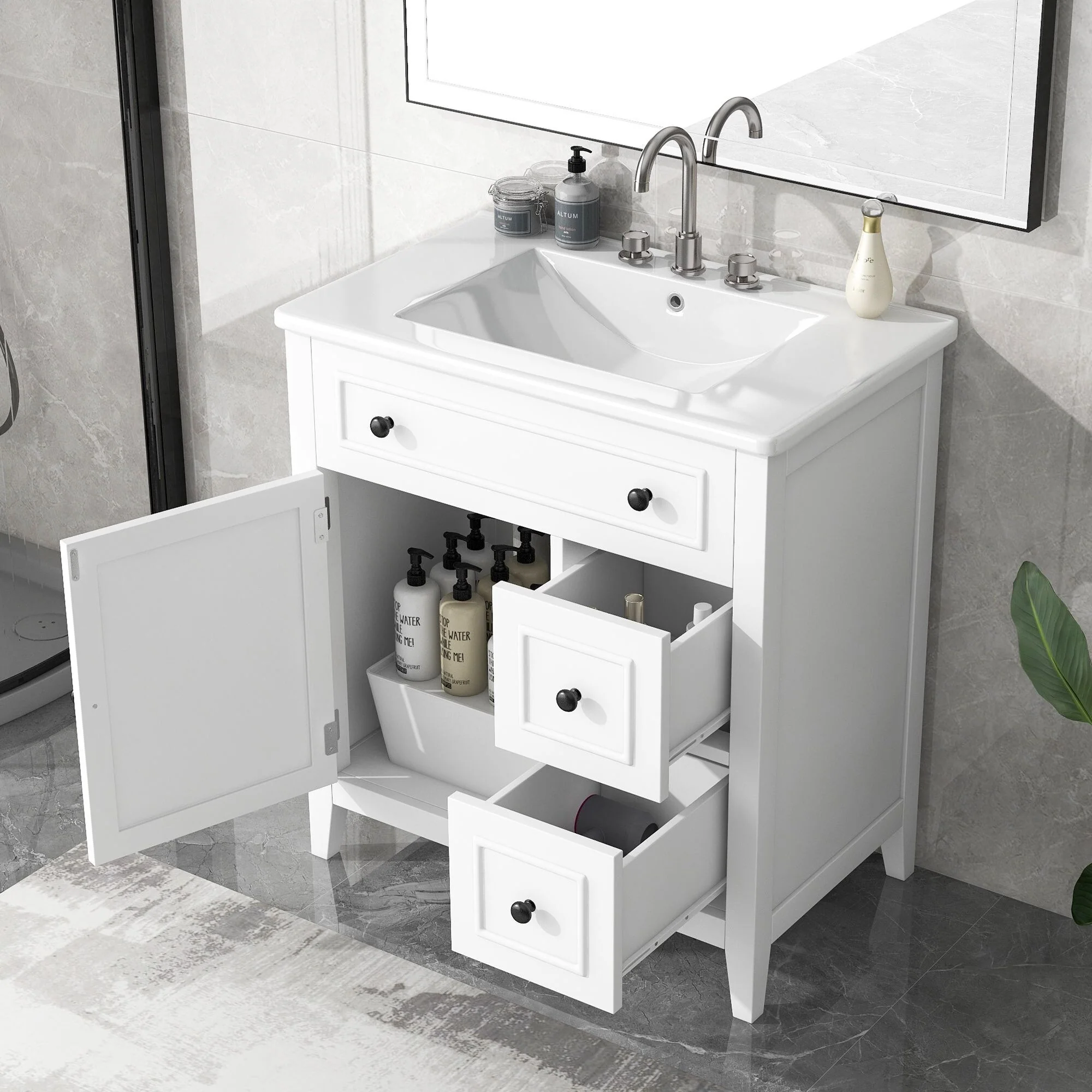 30'' Solid Wood Bathroom Vanity with Cabinet, 2 Drawers, and Ceramic Sink