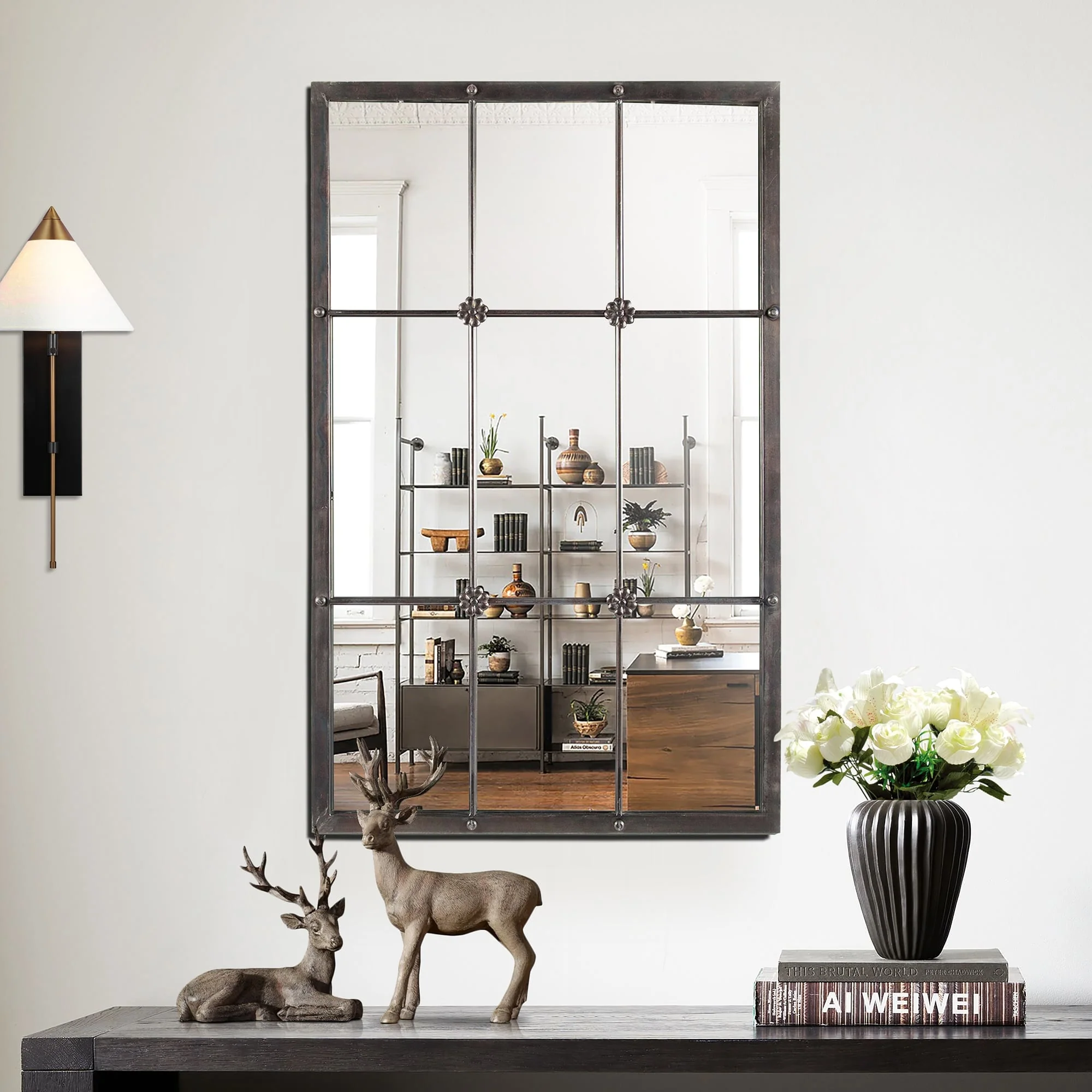 Rustic Brown Metal Frame Windowpane Accent Wall Mirror - 37.75