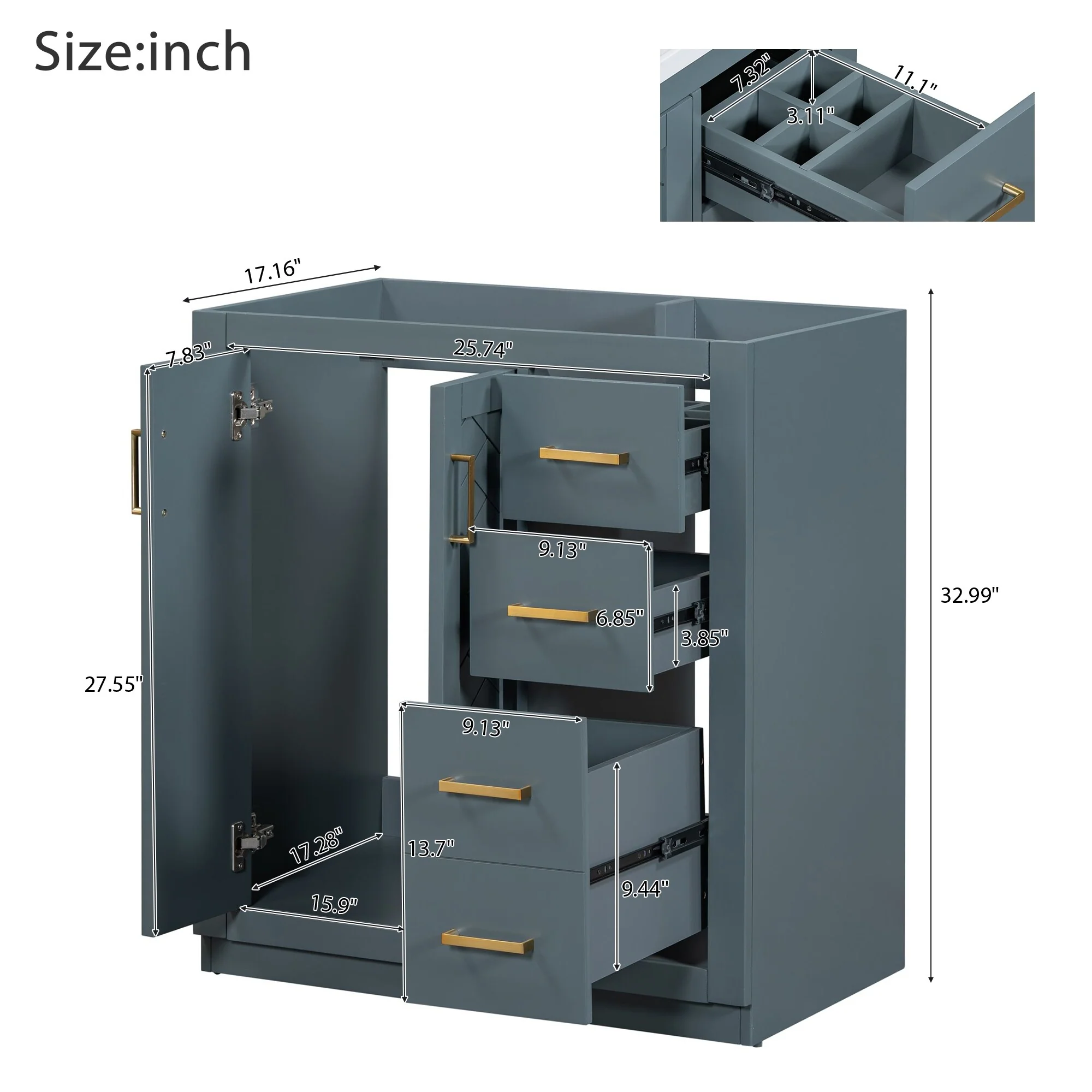 30'' Bathroom Vanity with Storage Cabinet and 3 Drawers