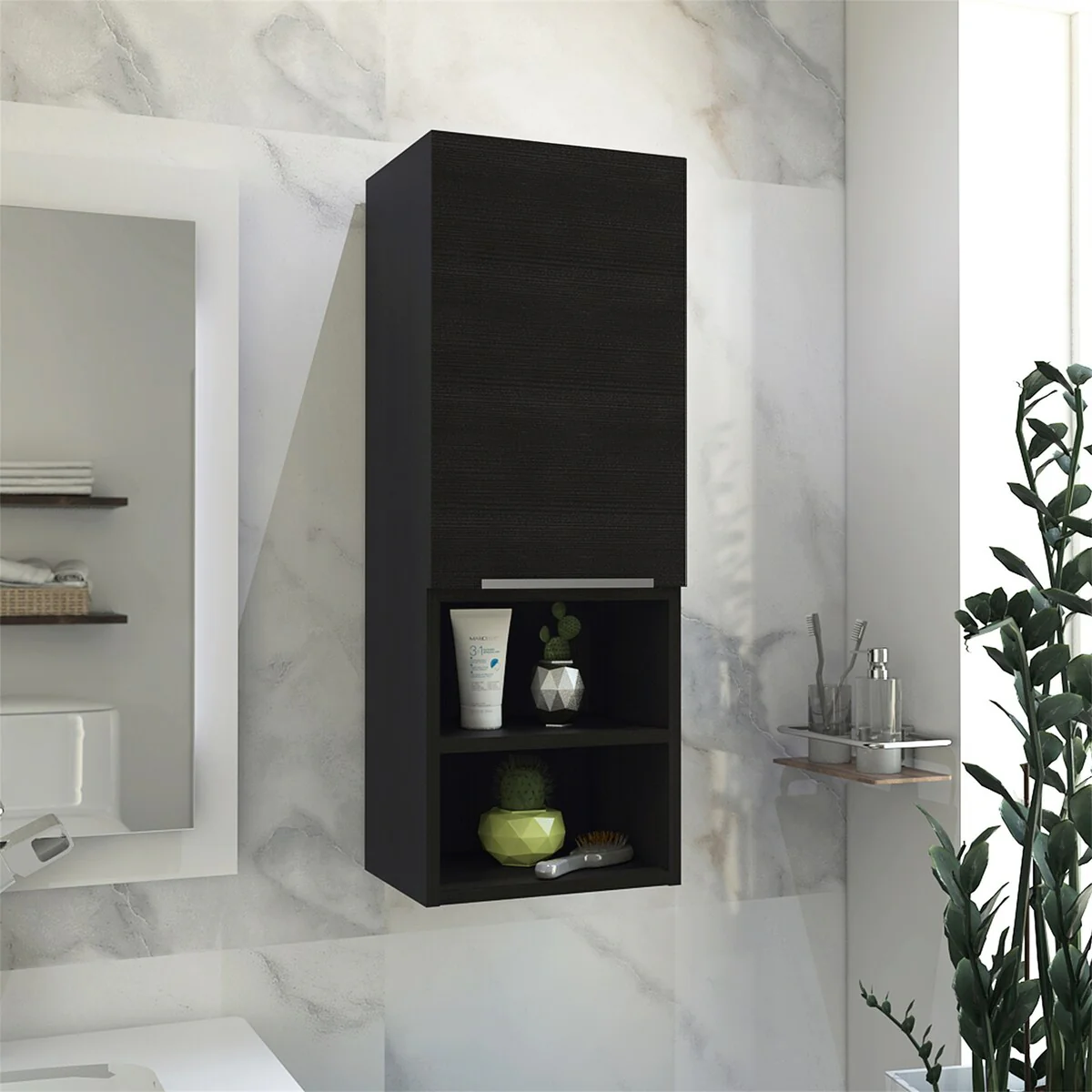 Modern Wood Medicine Cabinet, Compact Bathroom Medicine Cabinet with 1 Door and Open Shelves, 32.08 