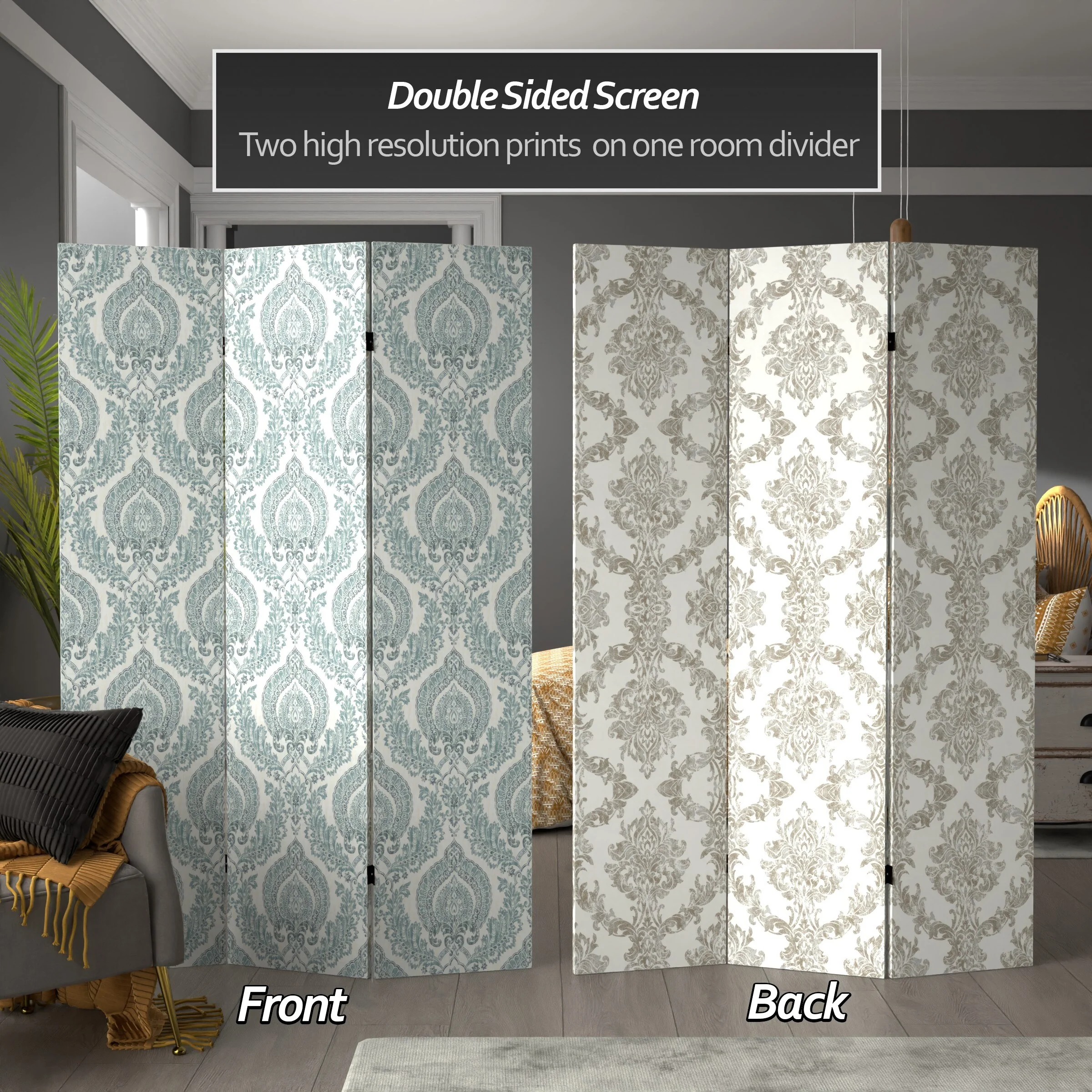 Handmade 6' Double Sided Ivory Damask Canvas Room Divider