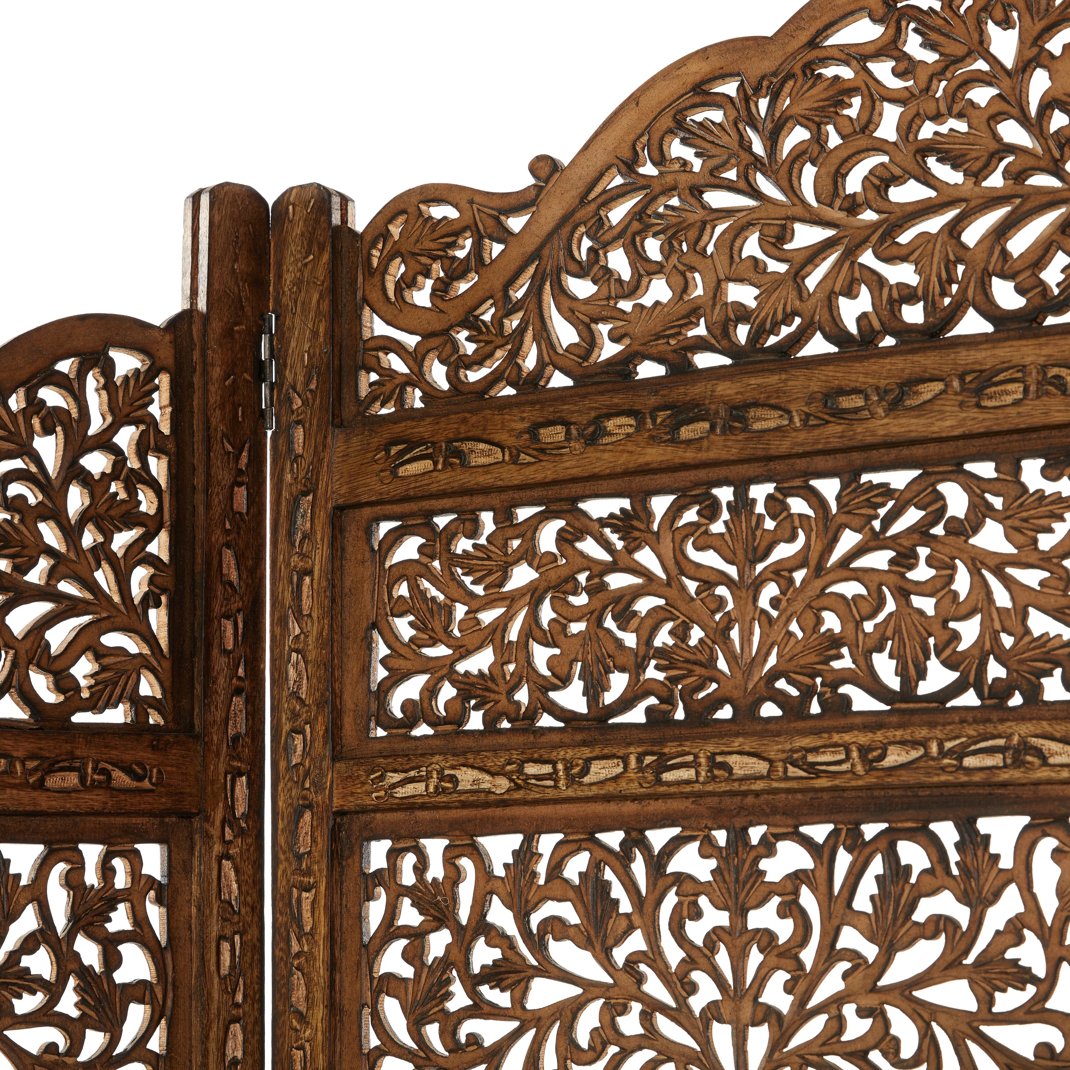 Hand Carved Fold-able 4-Panel Wooden Partition Screen/ Room Divider, Brown