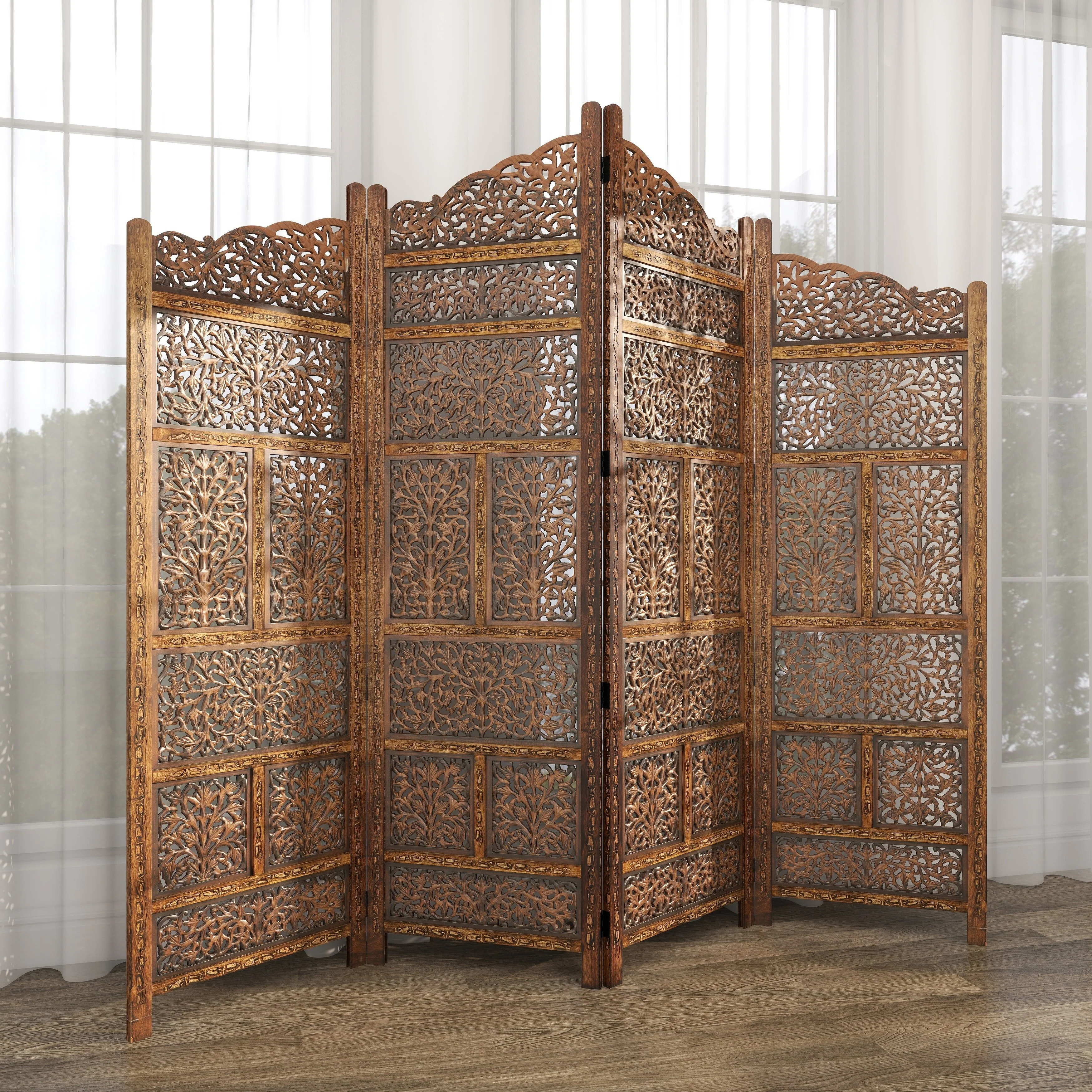 Hand Carved Fold-able 4-Panel Wooden Partition Screen/ Room Divider, Brown