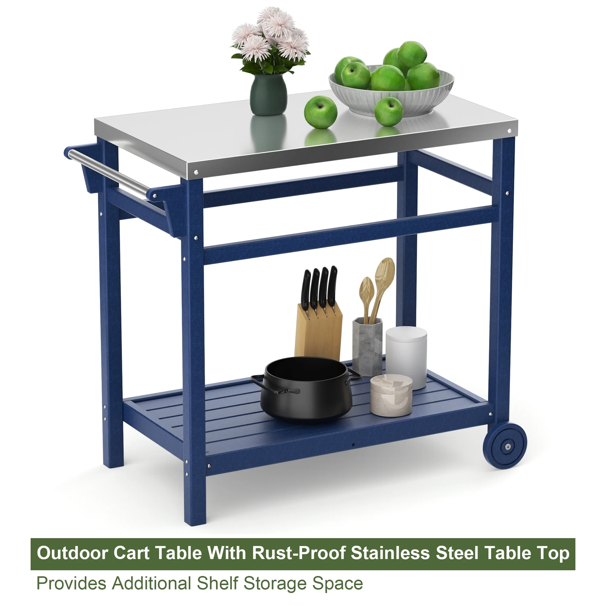 Outdoor Black Steel Movable Dining Cart Table for Patio Grilling