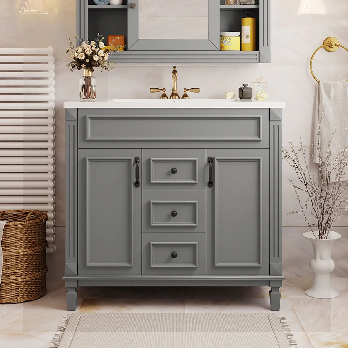 Modern Bathroom Storage Vanity with Top Sink, 2 Soft Closing Doors & 2 Drawers