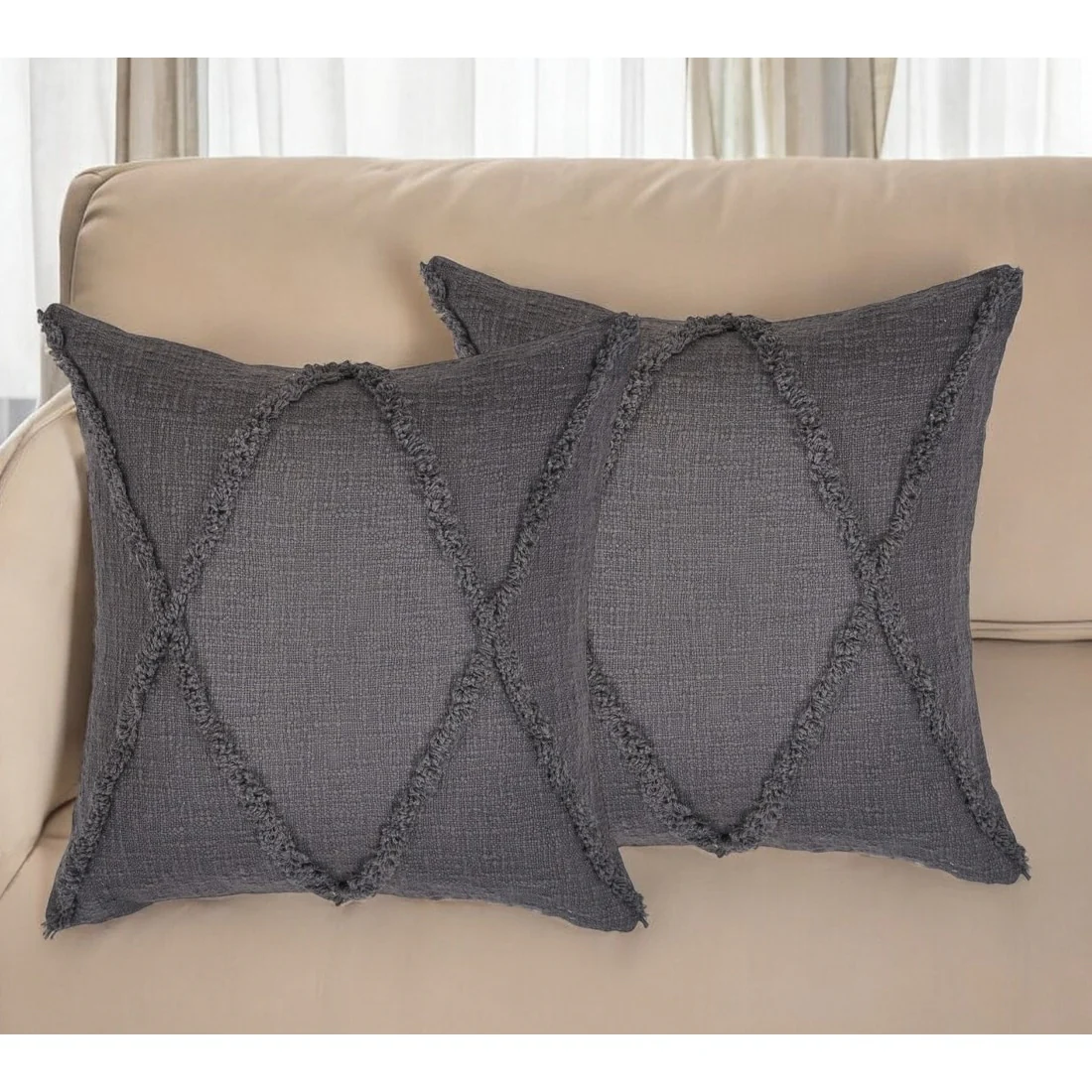 Set of Two Dark Gray Diamond Cotton Throw Pillow With Fringe