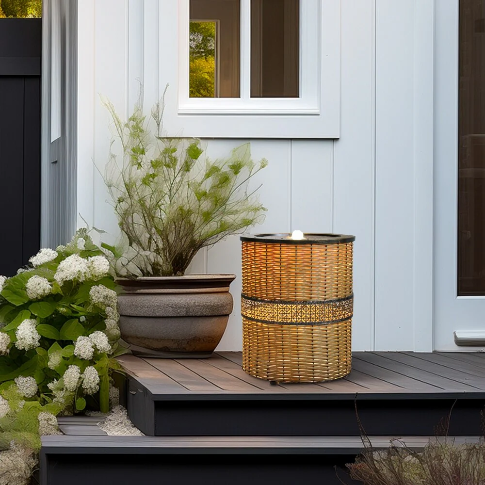 Indoor 16.9in H Round Rattan Water Fountain w/LED Light for Home Decor